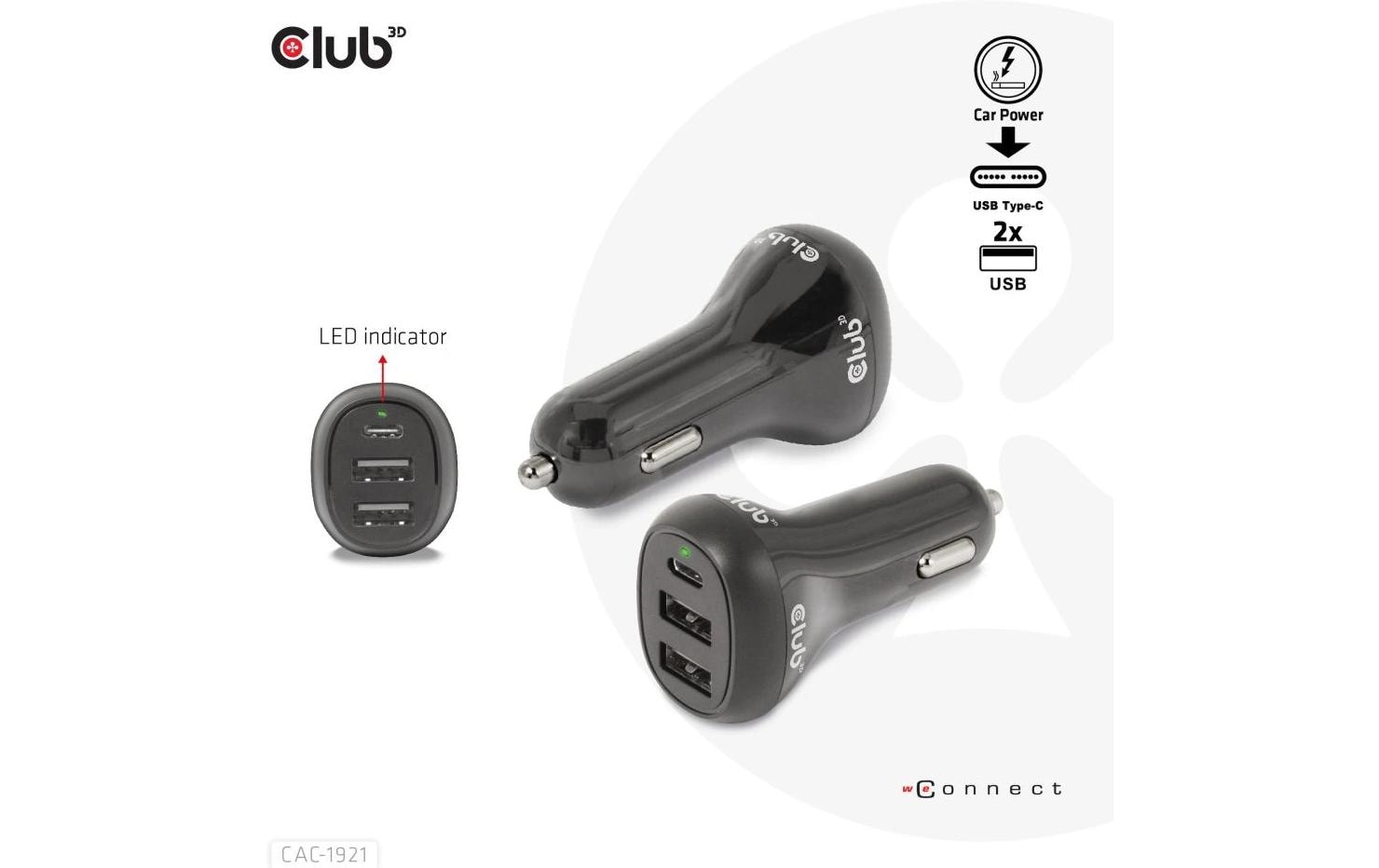 CLUB3D Club 3D CAC-1921 Auto-Ladegerät 36 W – USB-C×1, USB-A×2 – 12–24 V – Schwarz