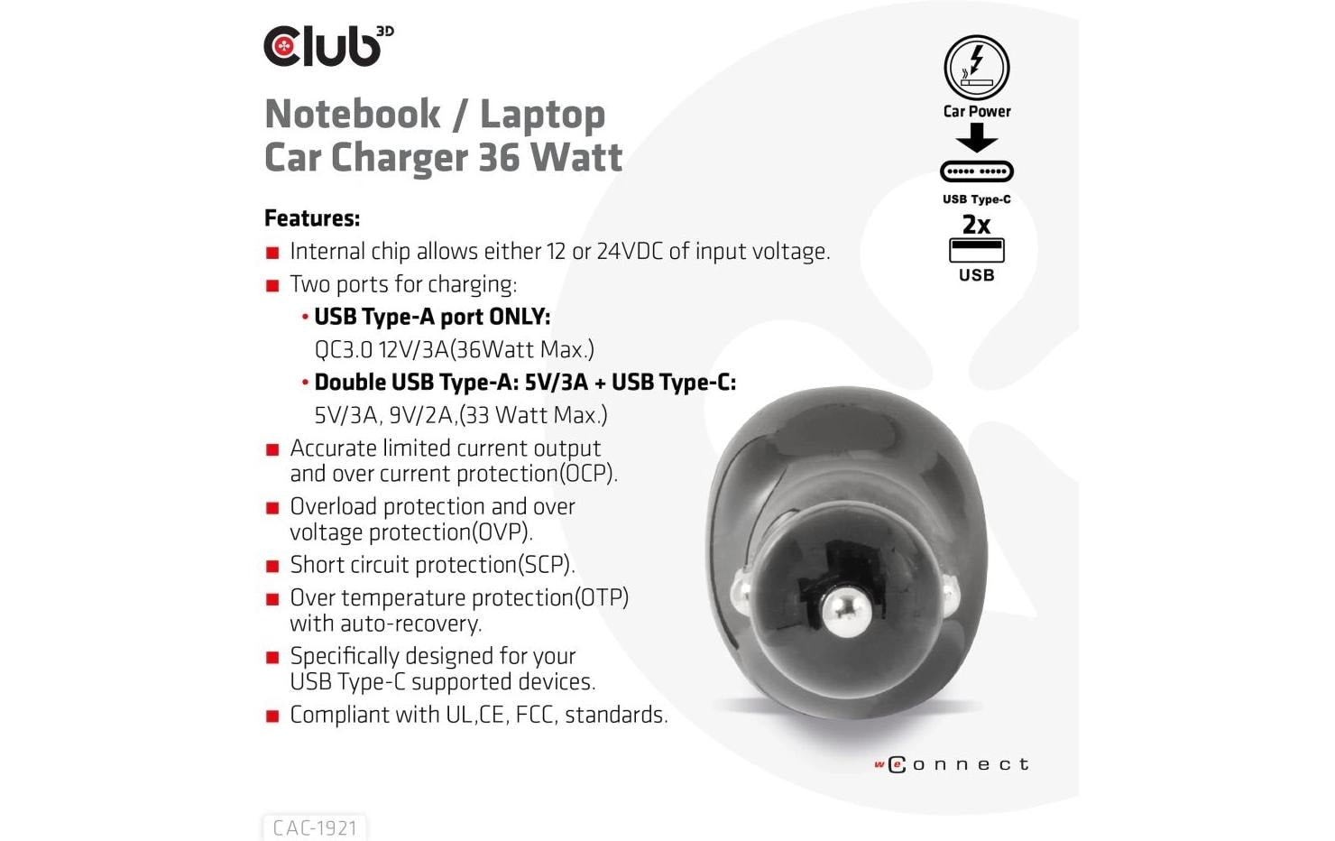 CLUB3D Club 3D CAC-1921 Auto-Ladegerät 36 W – USB-C×1, USB-A×2 – 12–24 V – Schwarz