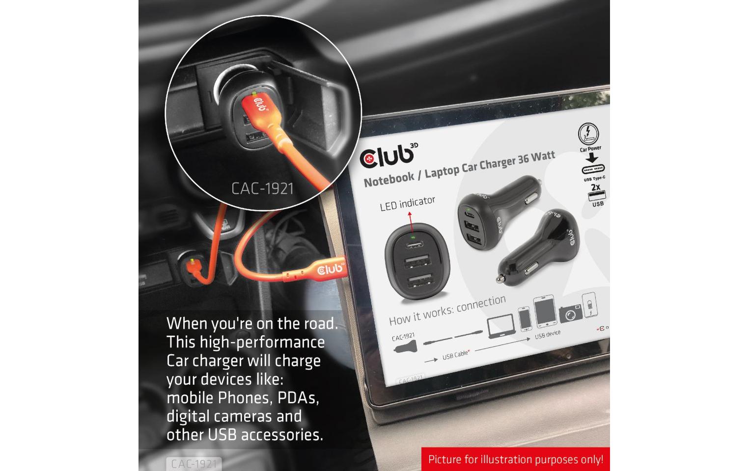 CLUB3D Club 3D CAC-1921 Auto-Ladegerät 36 W – USB-C×1, USB-A×2 – 12–24 V – Schwarz