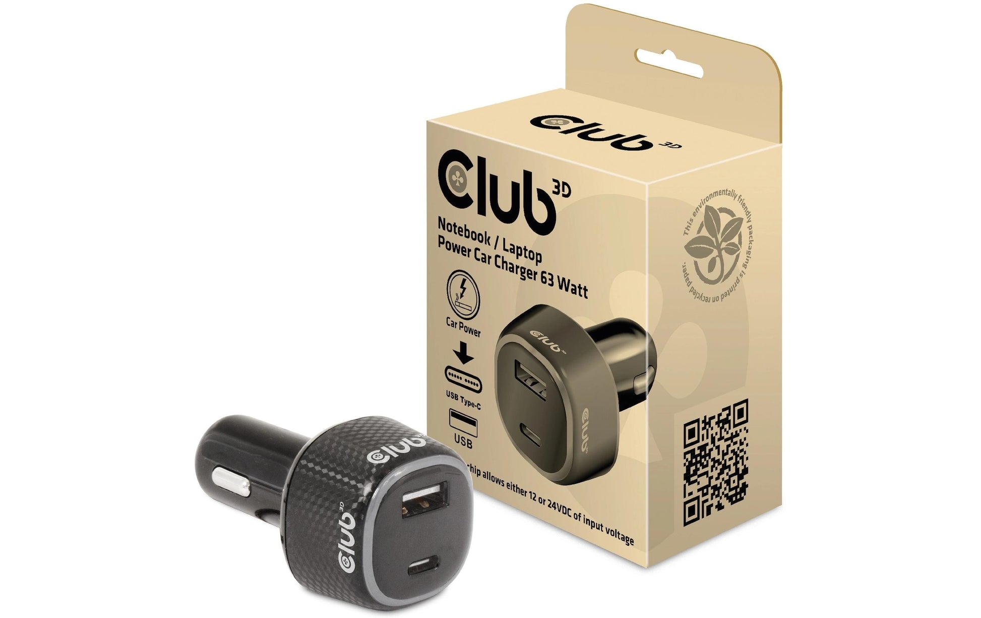 CLUB3D Club 3D CAC-1922 Auto-Ladegerät 63 W – USB-C×1, USB-A×1 – für 12–24 V Bordnetz
