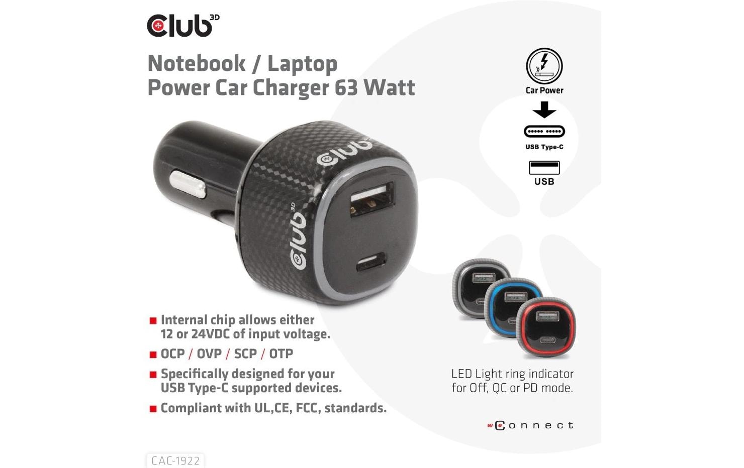 CLUB3D Club 3D CAC-1922 Auto-Ladegerät 63 W – USB-C×1, USB-A×1 – für 12–24 V Bordnetz