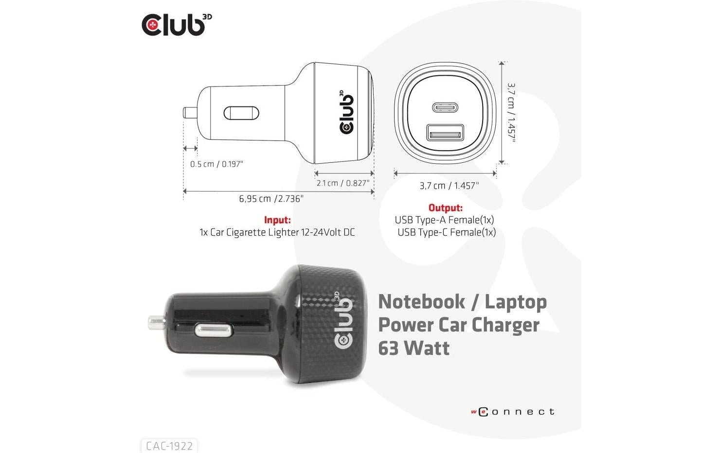 CLUB3D Club 3D CAC-1922 Auto-Ladegerät 63 W – USB-C×1, USB-A×1 – für 12–24 V Bordnetz
