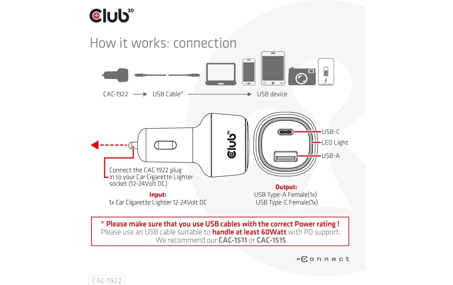 CLUB3D Club 3D CAC-1922 Auto-Ladegerät 63 W – USB-C×1, USB-A×1 – für 12–24 V Bordnetz
