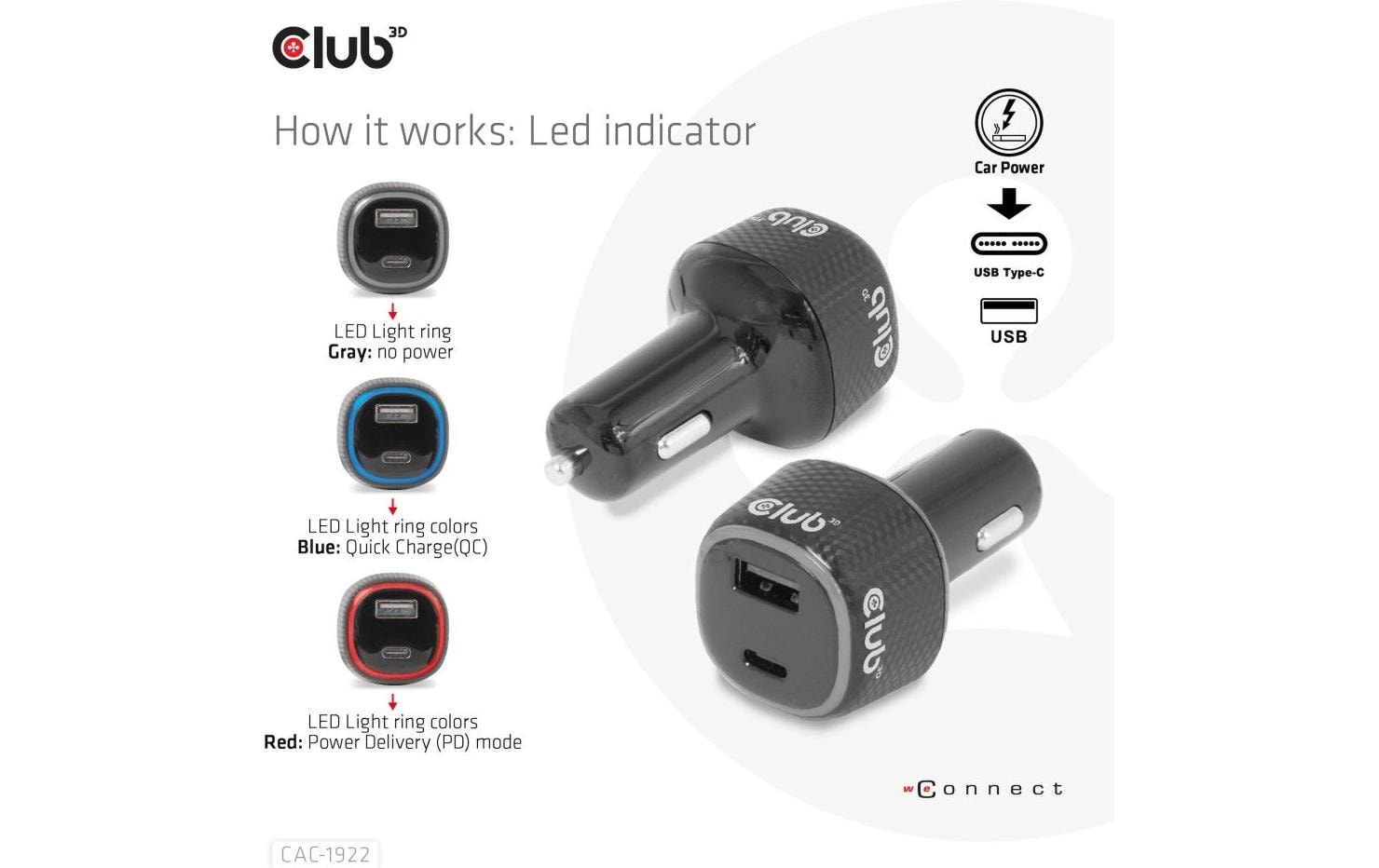 CLUB3D Club 3D CAC-1922 Auto-Ladegerät 63 W – USB-C×1, USB-A×1 – für 12–24 V Bordnetz