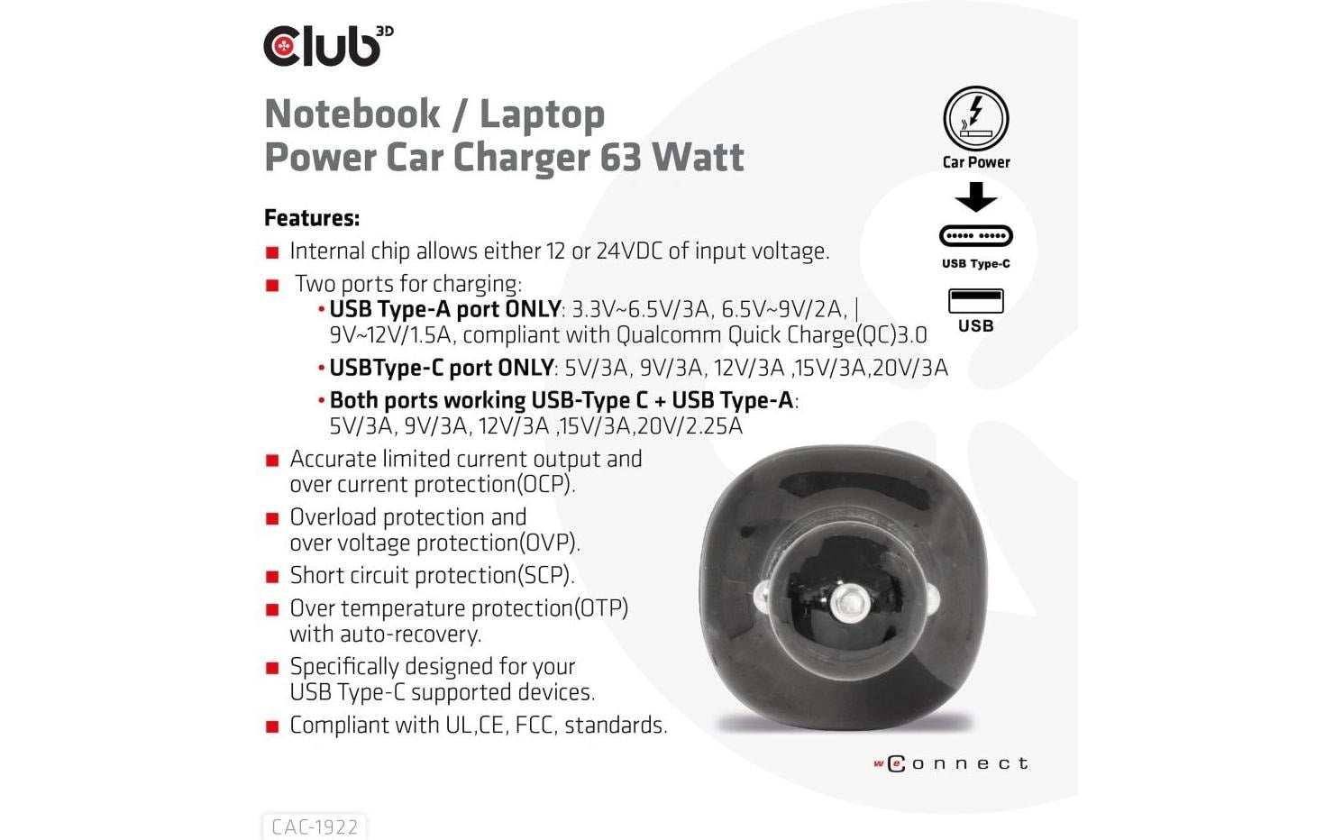 CLUB3D Club 3D CAC-1922 Auto-Ladegerät 63 W – USB-C×1, USB-A×1 – für 12–24 V Bordnetz