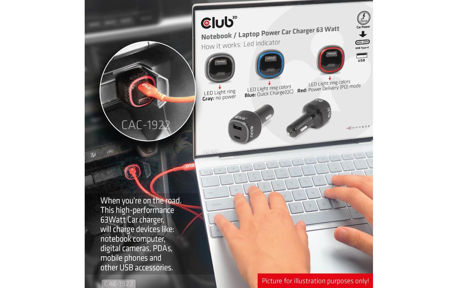 CLUB3D Club 3D CAC-1922 Auto-Ladegerät 63 W – USB-C×1, USB-A×1 – für 12–24 V Bordnetz