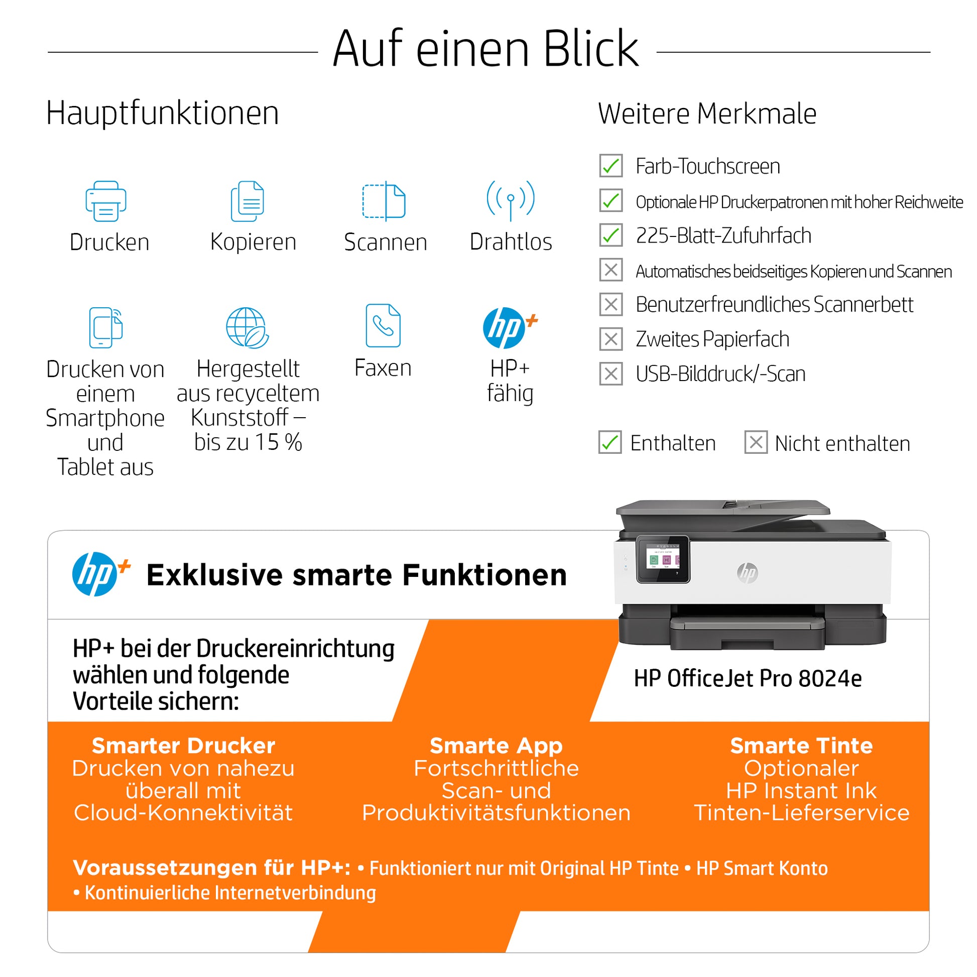 HP OFFICEJET PRO 8024E – Farbtintenstrahl-Multifunktionsdrucker, A4, 4-in-1, Duplex, ADF, WLAN/LAN, AirPrint