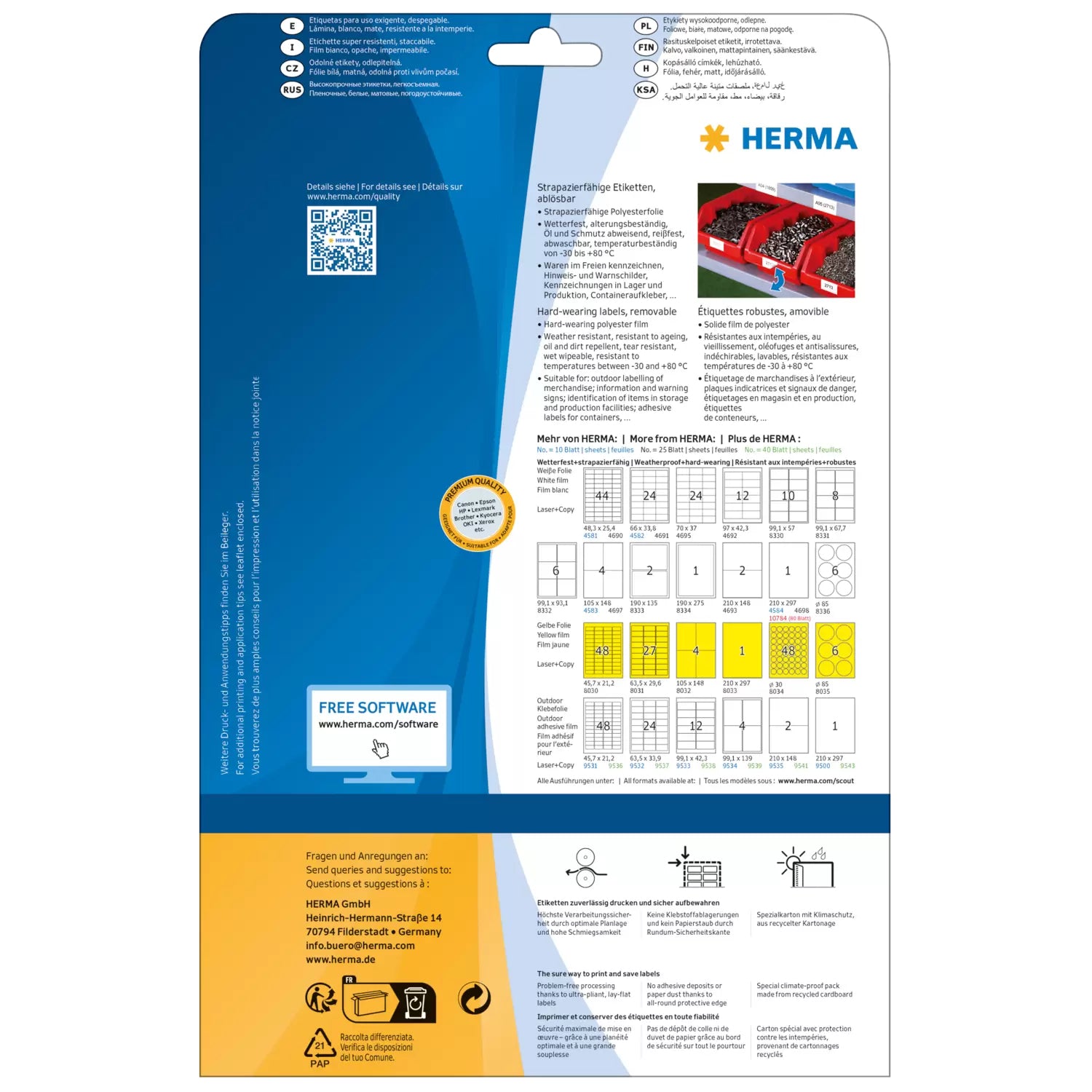 HERMA Druckeretiketten, 99 mm × 68 mm, weiss, Folie, extra stark, 20 Blatt (160 Etiketten)