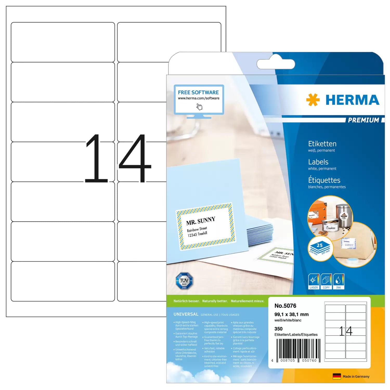 HERMA Etiketten, 99 mm × 38 mm, weiss, Papier, permanent, 25 Blätter (350 Etiketten)