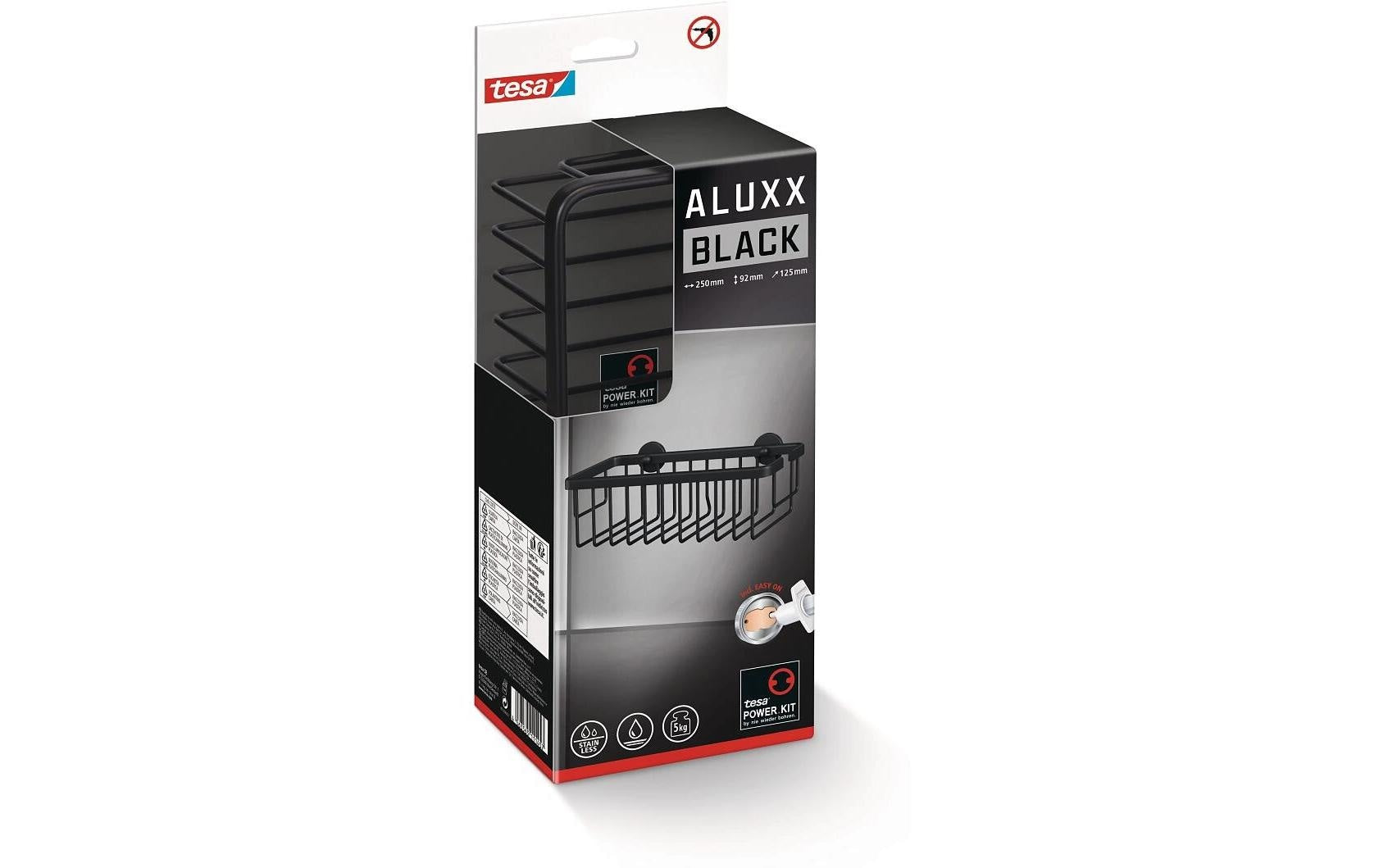TESA Seifenhalter (Wand) ALUXX BLACK – Aluminium, Klebestreifen, 25×12,5×9,2 cm, Schwarz