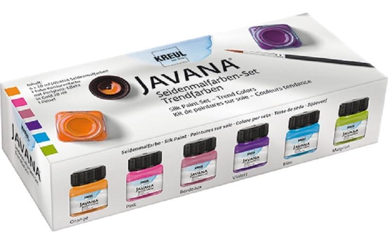 KREUL JAVANA Seidenmalfarbe – Trendfarben-Set – 6 Farben – 6×20 ml (120 ml) – Perlglanz-Kontur – für Seide