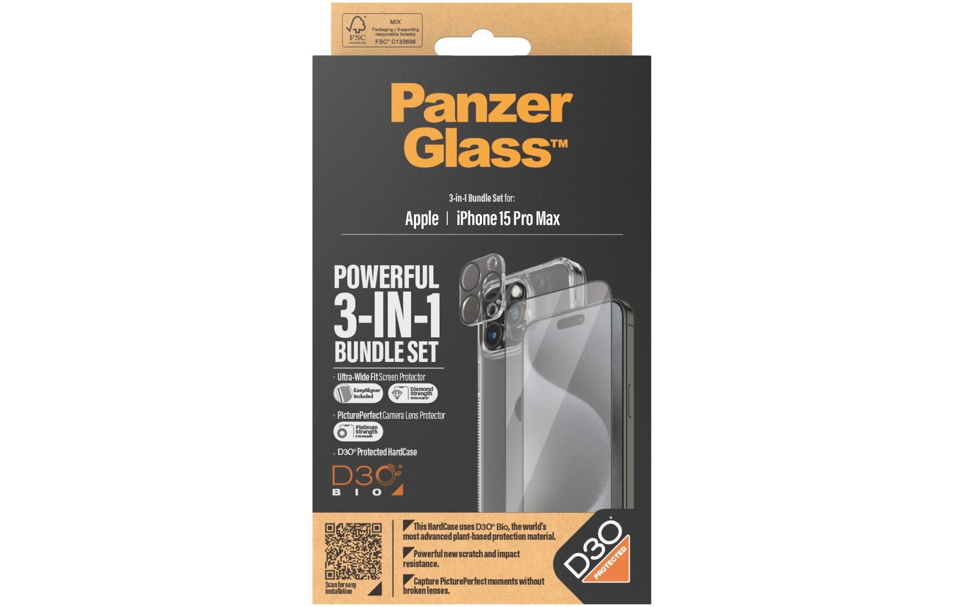 PanzerGlass Schutz-Set 3-in-1 – für Apple iPhone 15 Pro Max, antibakteriell, anti-Fingerprint, Hartglas