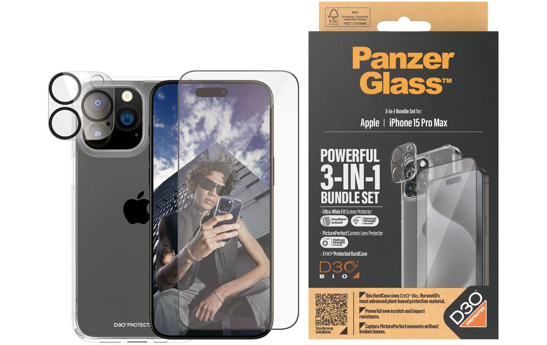 PanzerGlass Schutz-Set 3-in-1 – für Apple iPhone 15 Pro Max, antibakteriell, anti-Fingerprint, Hartglas