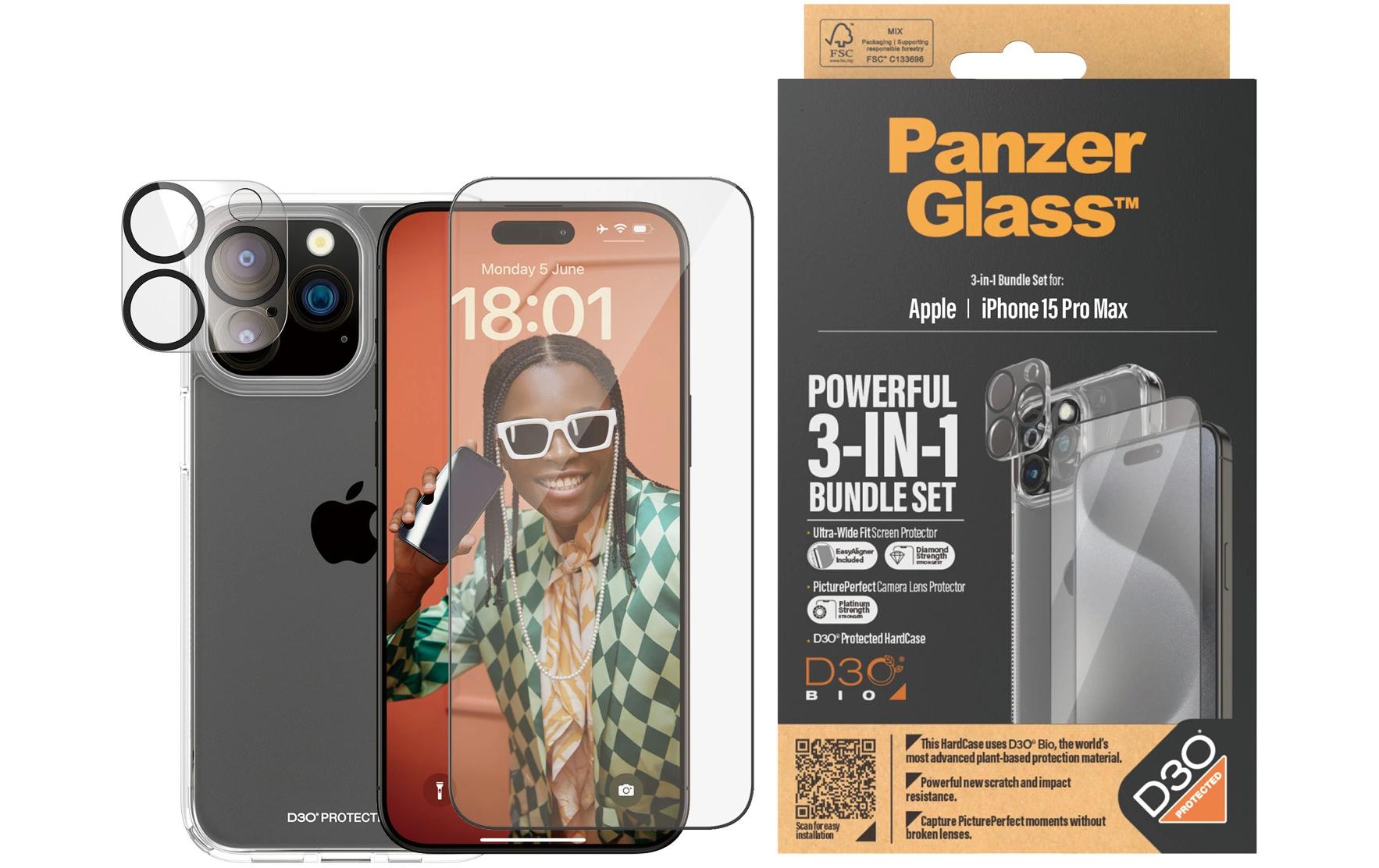 PanzerGlass Schutz-Set 3-in-1 – für Apple iPhone 15 Pro Max, antibakteriell, anti-Fingerprint, Hartglas