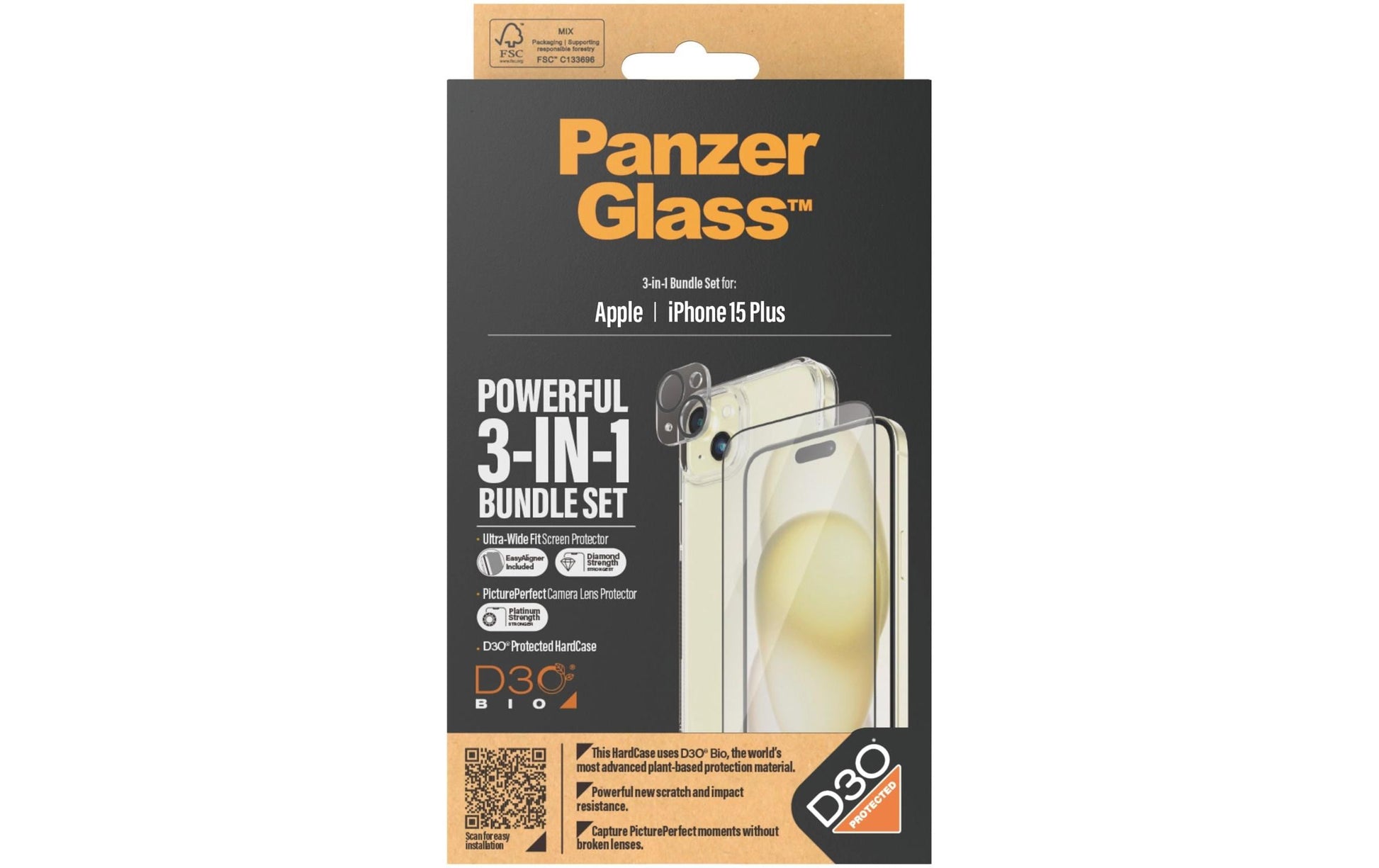 PanzerGlass Schutz-Set 3-in-1 – für Apple iPhone 15 Plus, Hartglas, Folie, Silikon, Transparent