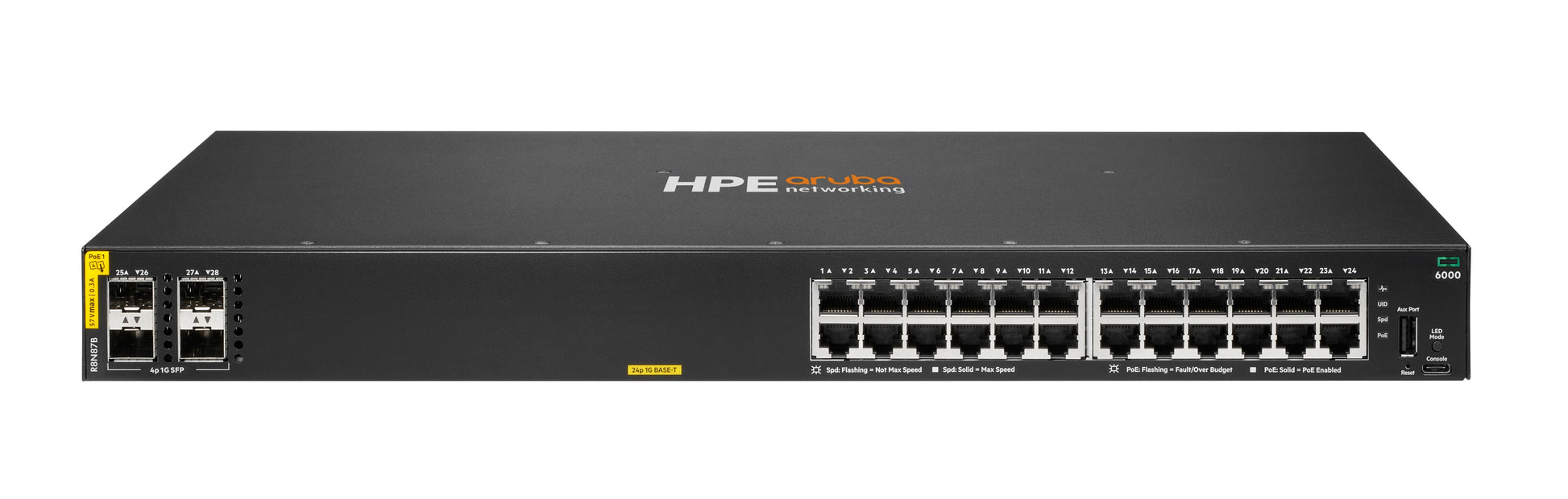 HPE Aruba CX 6000 24G 4SFP – Managed L3 Switch – 24× 1G, 4× SFP, PoE+, PoE-Budget 370 W, 1U