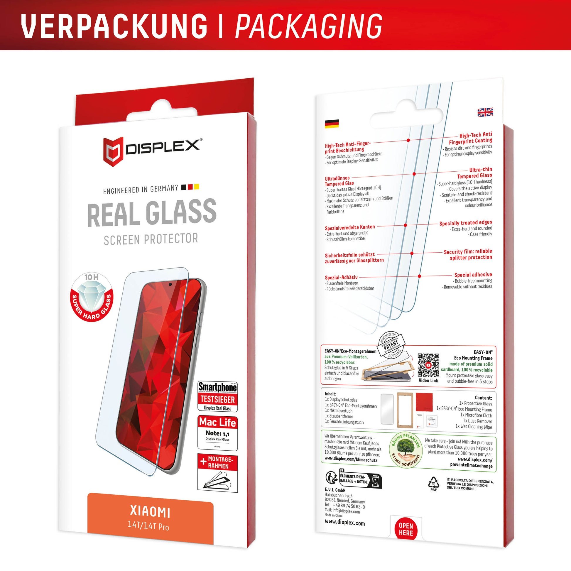 Displex Displayschutz (Panzerglas), 10H – für Xiaomi 14T/14T Pro – mit Applikator