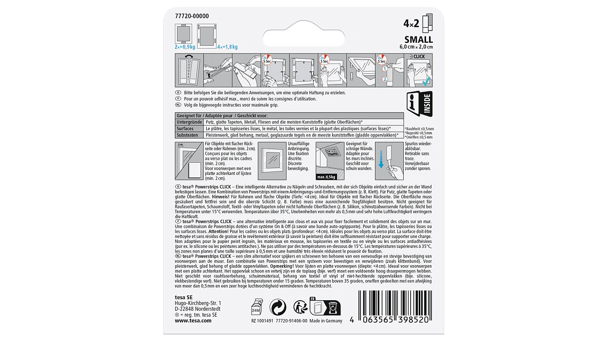 Tesa Montageband Powerstrips Click, für glatte Oberflächen – 20 mm × 0,06 m, weiss, bis 1,8 kg