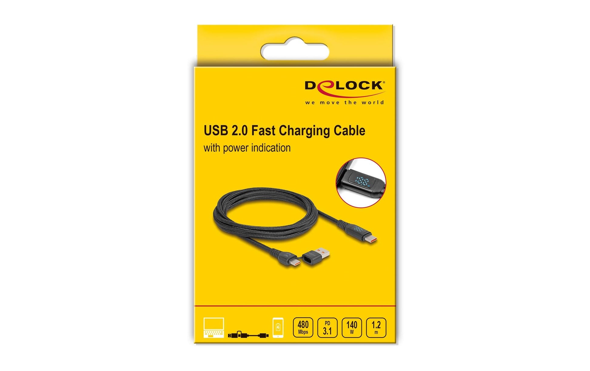 DeLOCK USB-C auf USB-C Kabel – USB 2.0 (480 Mbit/s) – 1,2 m – PD 140 W – Textilmantel, Leistungsanzeige – Sc