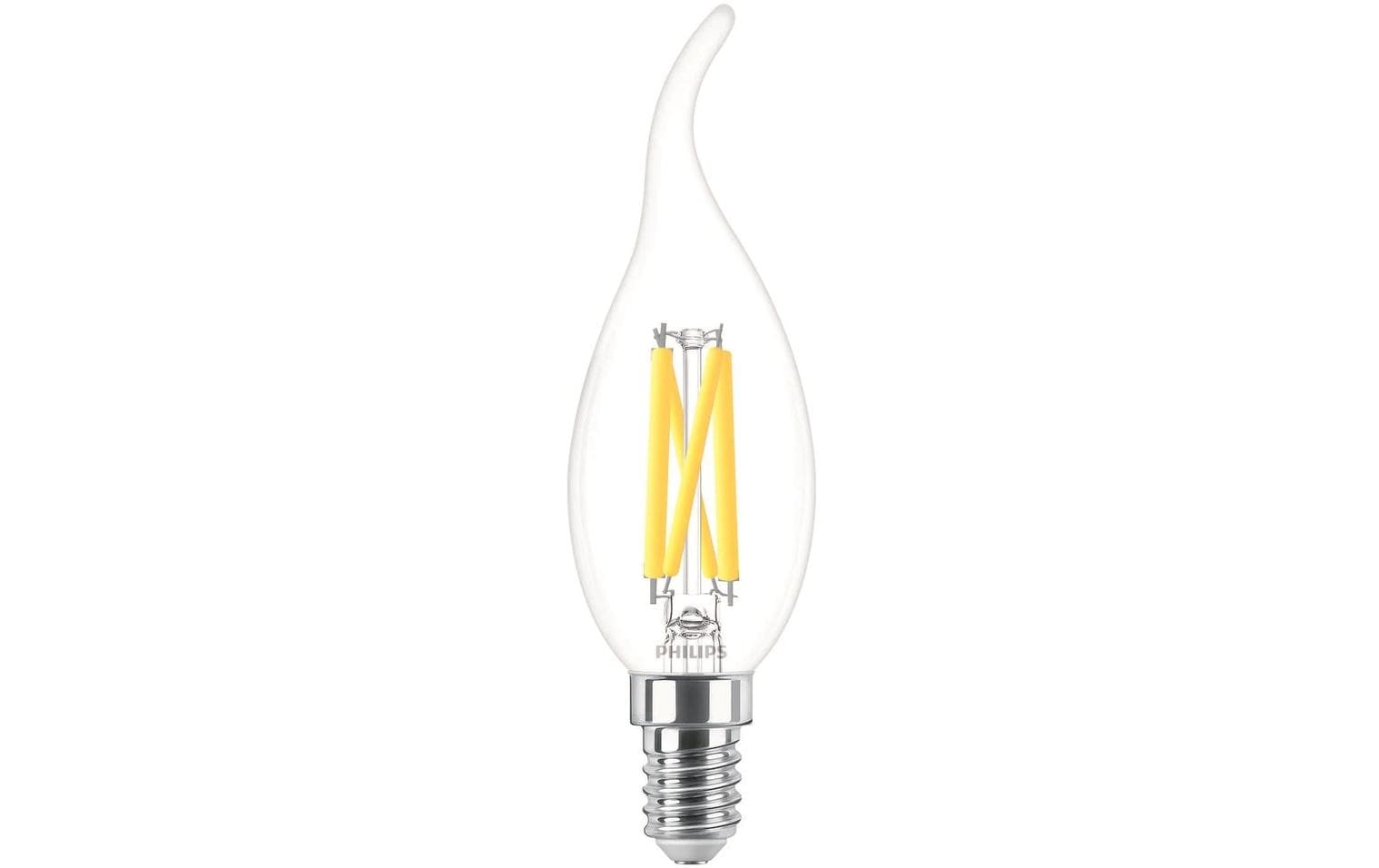 Philips by Signify Philips Leuchtmittel E14 Kerze – Warmweiss 2200–2700 K, 470 lm, 3,4 W, dimmbar – 1 Stk., Transparent, Glas
