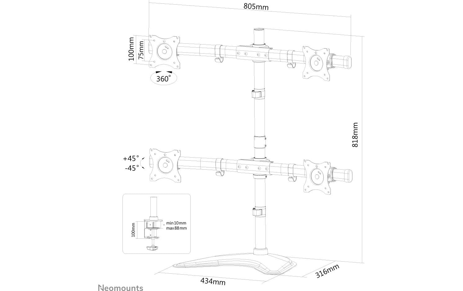 Neomounts Monitorarm, 4, bis 27", VESA 75 × 75/100 × 100 mm, 8 kg, schwarz