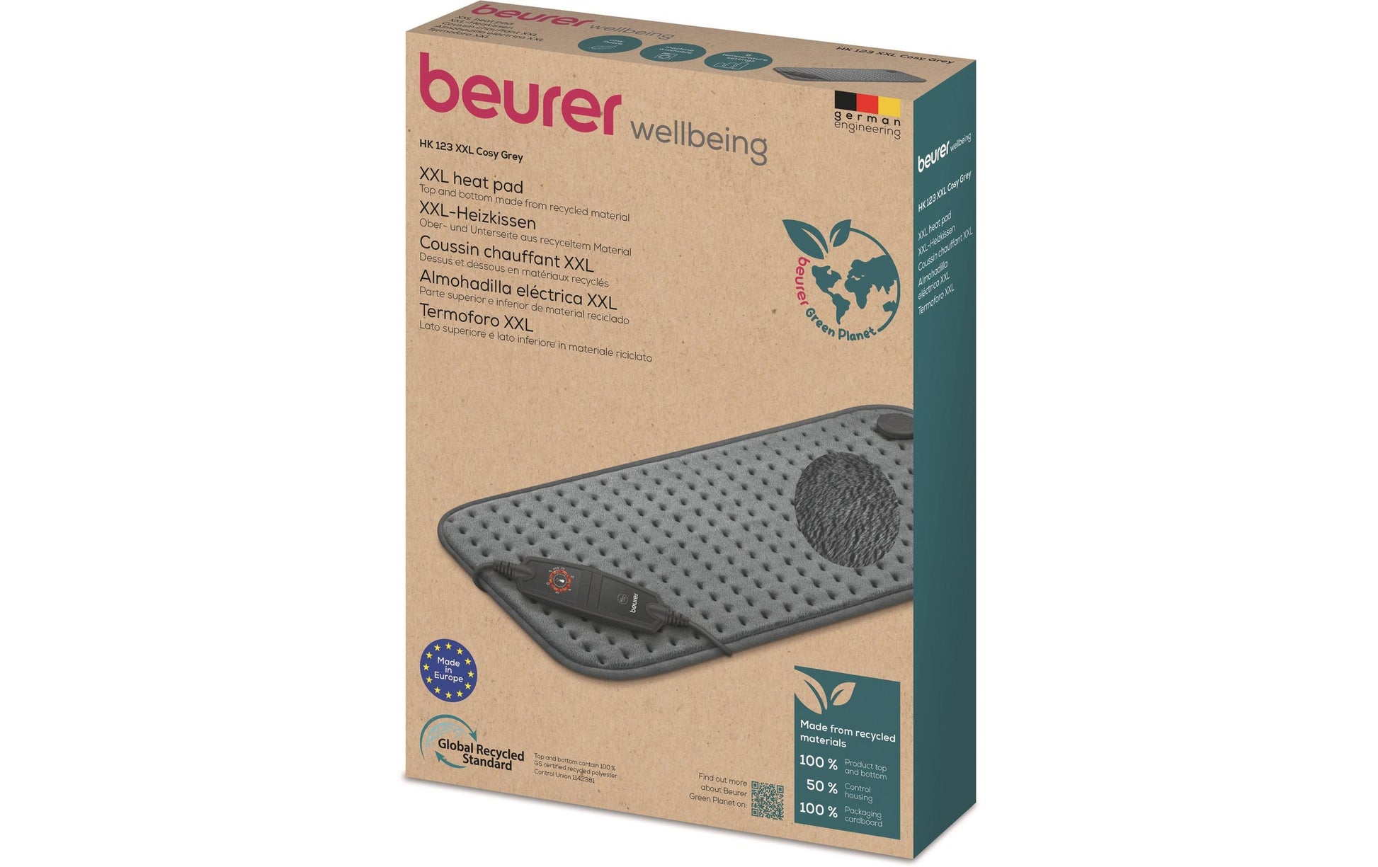 Beurer Heizkissen XXL Cosy Green Planet – 6 Betriebsstufen, 100 W – Grau – OEKO-TEX STANDARD 100