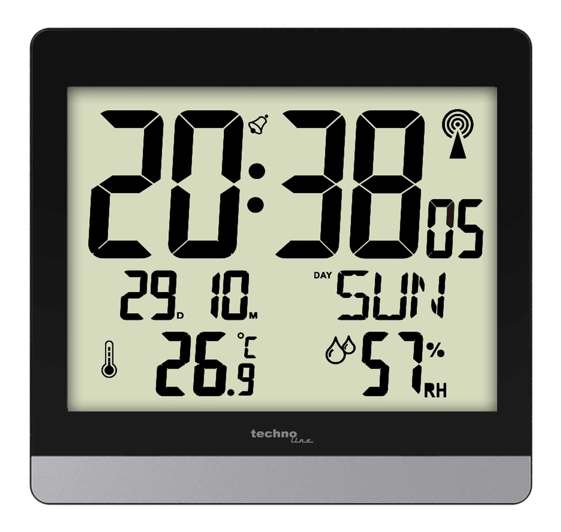 Technoline WS8014 – Digitaler Wecker, Funk, Schlummerfunktion, Thermometer & Hygrometer, 20 × 18,9 × 2,9 cm, Schwarz/Silber