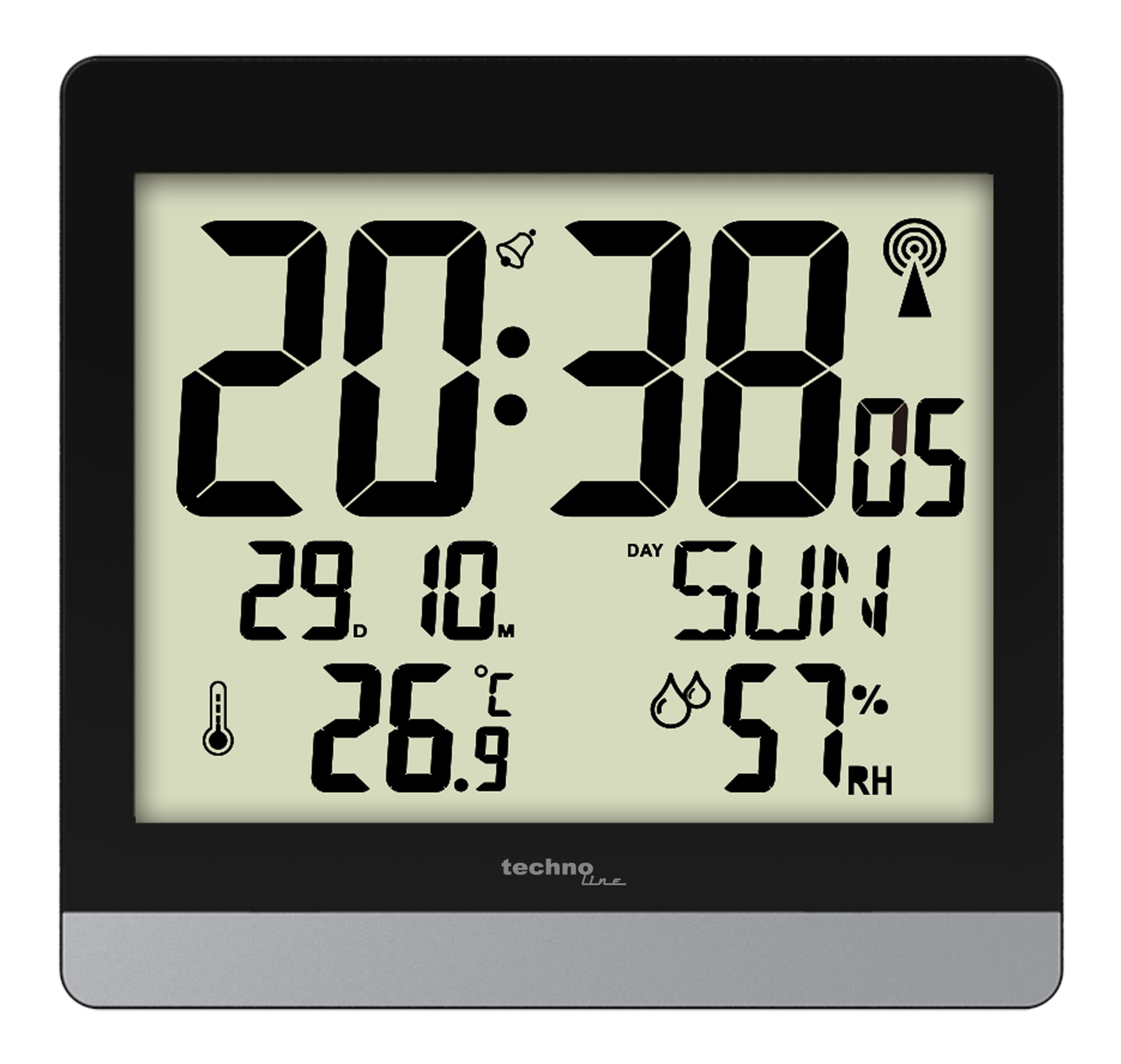 Technoline WS8014 – Digitaler Wecker, Funk, Schlummerfunktion, Thermometer & Hygrometer, 20 × 18,9 × 2,9 cm, Schwarz/Silber
