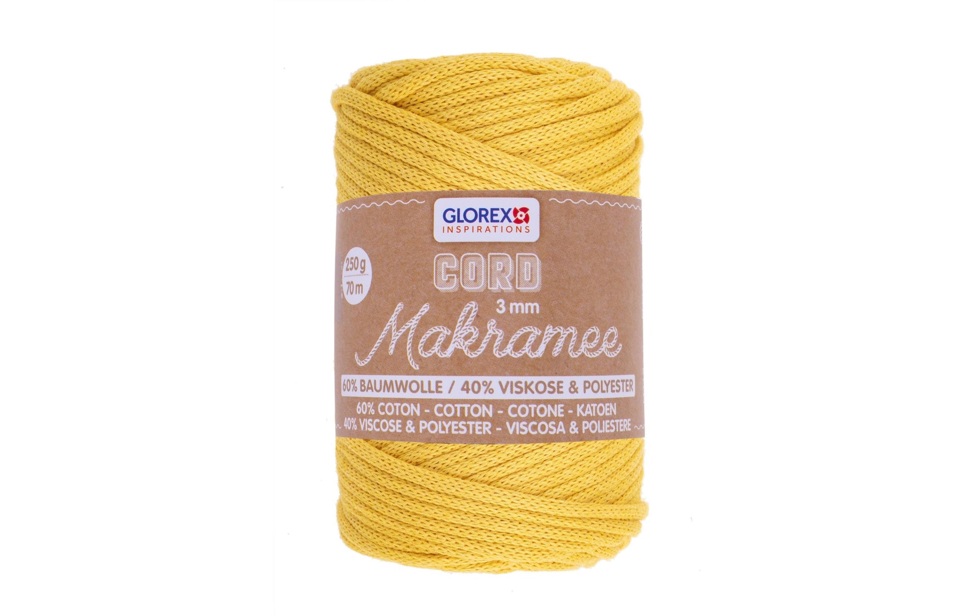GLOREX Makramee-Kordel Senfgelb – Ø 3 mm, 250 g, 70 m, Baumwolle/Viskose/Polyester