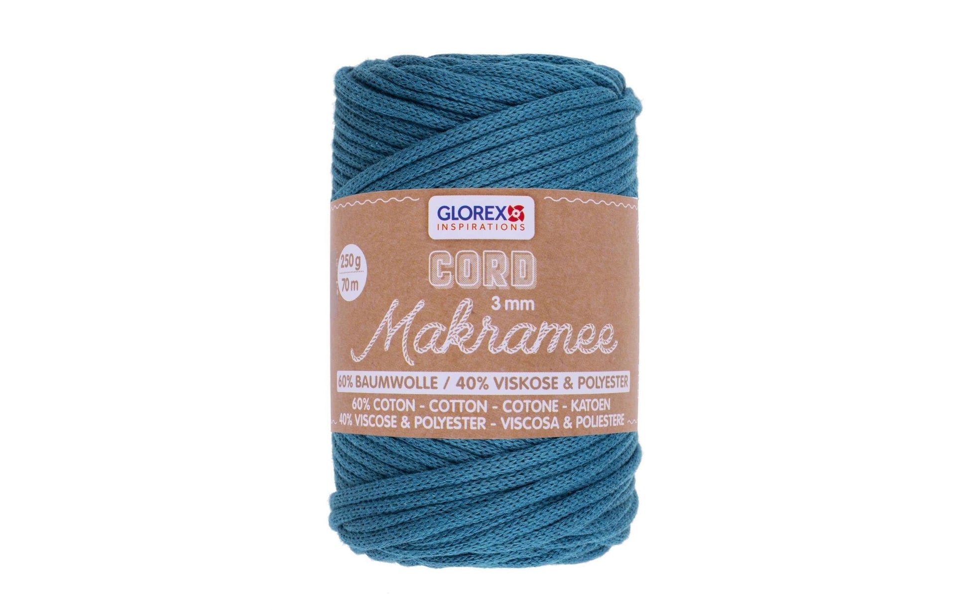 GLOREX Kordel gewebt Makramee-Kordel Türkis – Ø 3 mm, 250 g, 70 m, Baumwolle/Polyester/Viskose