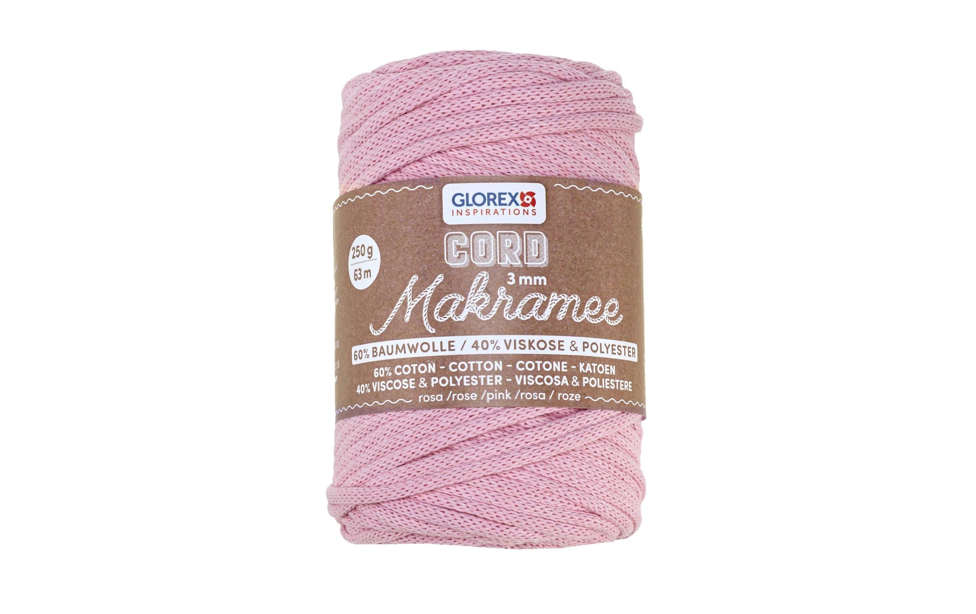 GLOREX Makramee-Kordel Rosa – Ø 3 mm, 250 g, 63 m, 60% Baumwolle/40% Viskose, 1 Stk.