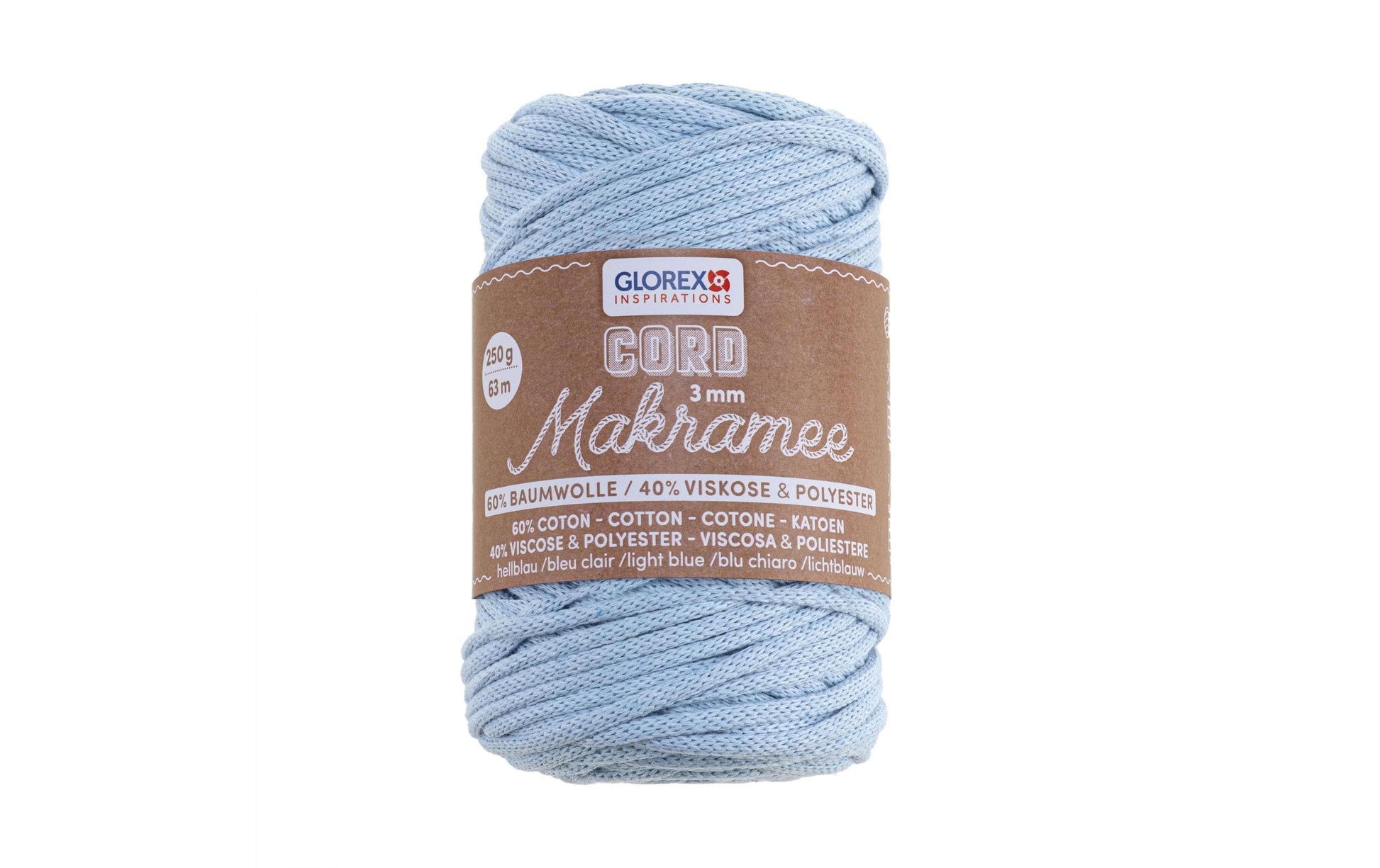 GLOREX Makramee-Kordel Hellblau – Ø 3 mm, 250 g, 63 m, Baumwolle/Polyester/Viskose