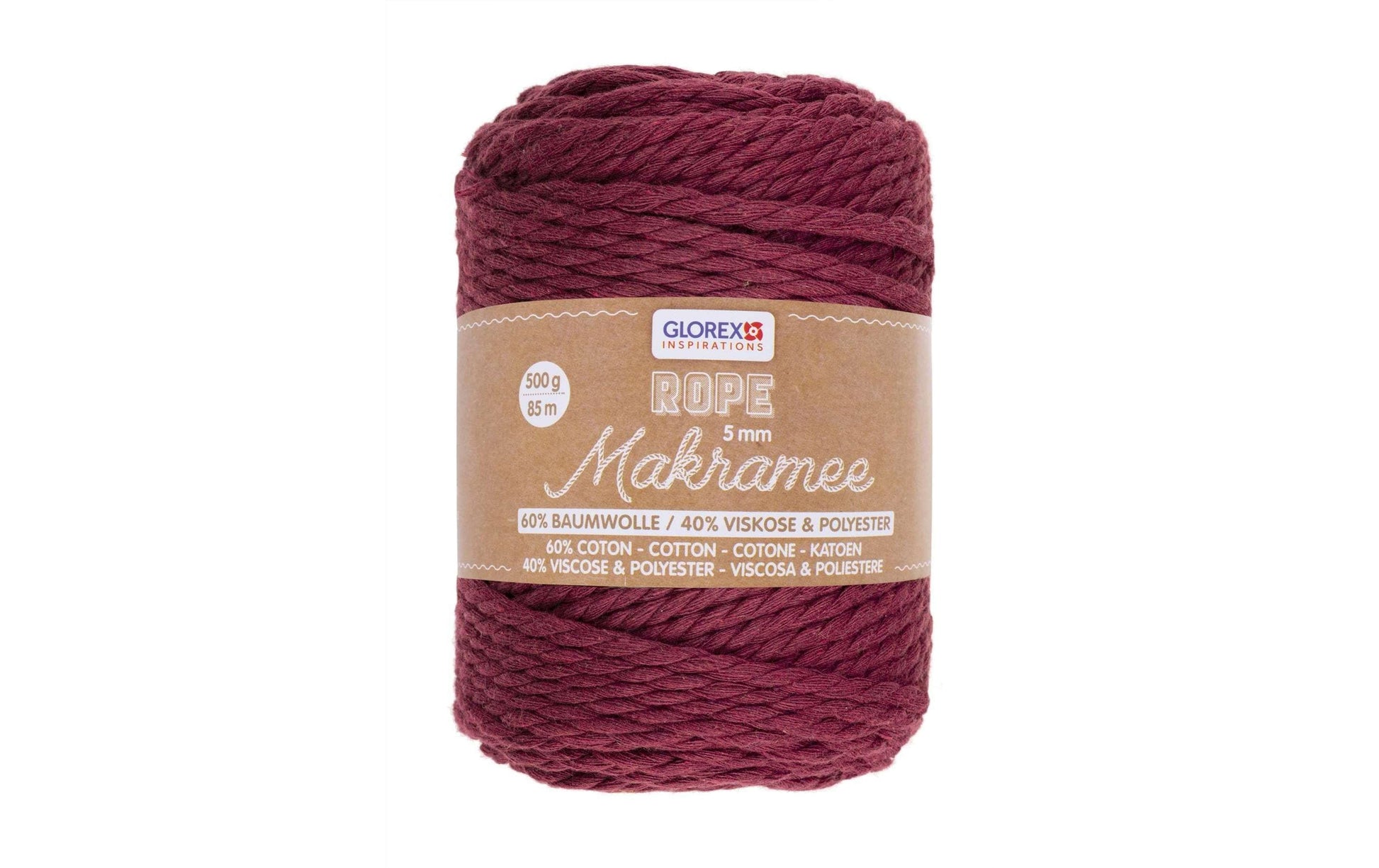 GLOREX Makramee-Kordel Bordeaux – Ø 5 mm, 500 g, 85 m, Baumwolle/Polyester/Viskose