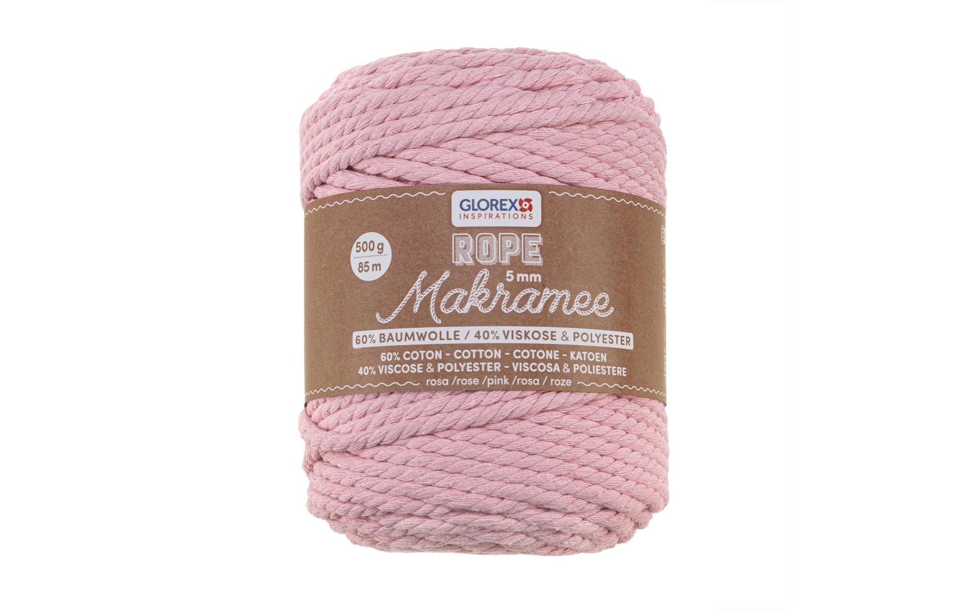 Glorex Makramee-Kordel Rosa – Ø 5 mm, 500 g, 85 m, Baumwolle/Polyester/Viskose