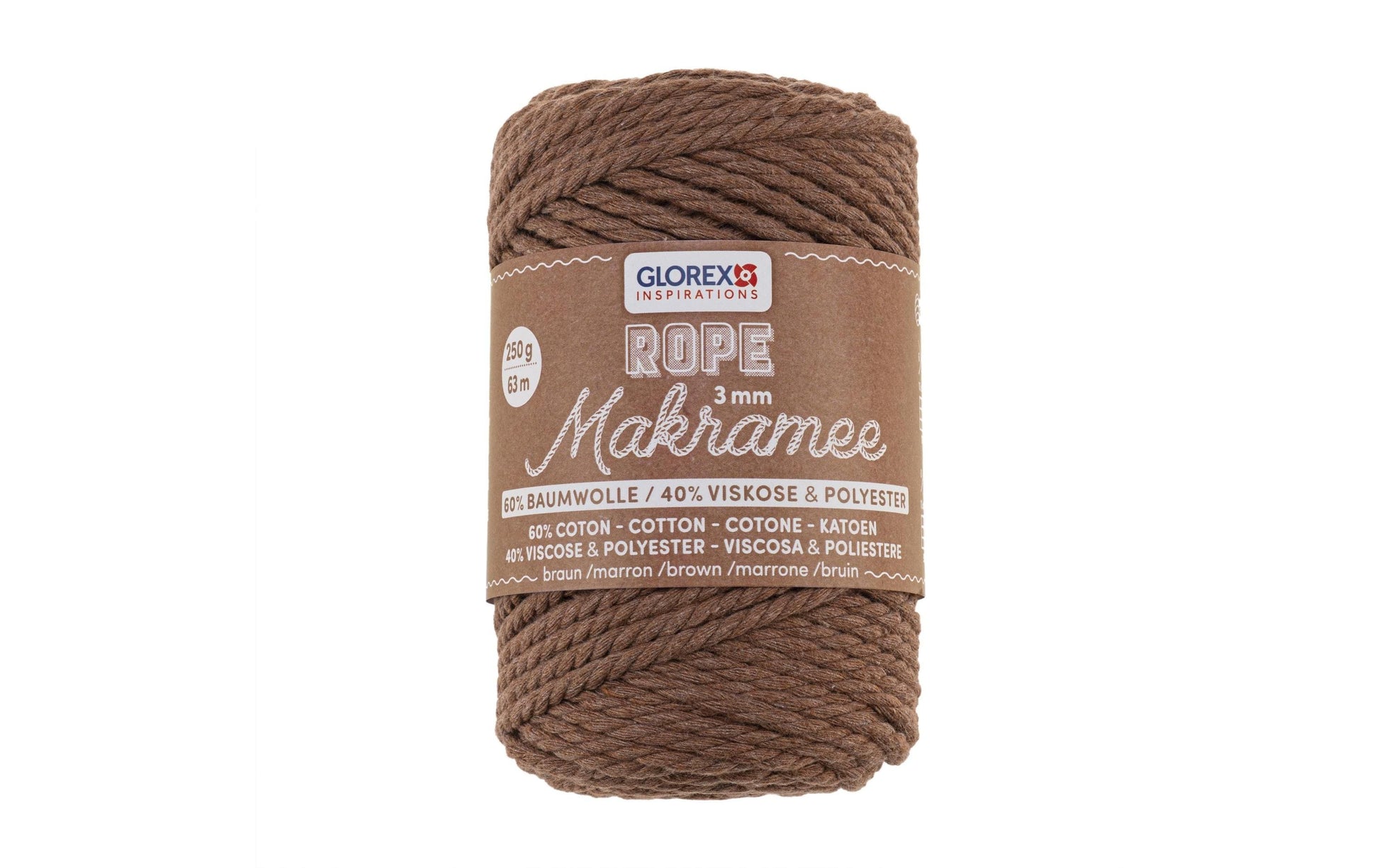 GLOREX Gedrehte Makramee-Kordel Braun – Ø 3 mm, 250 g, 63 m, 60% Baumwolle/40% Viskose