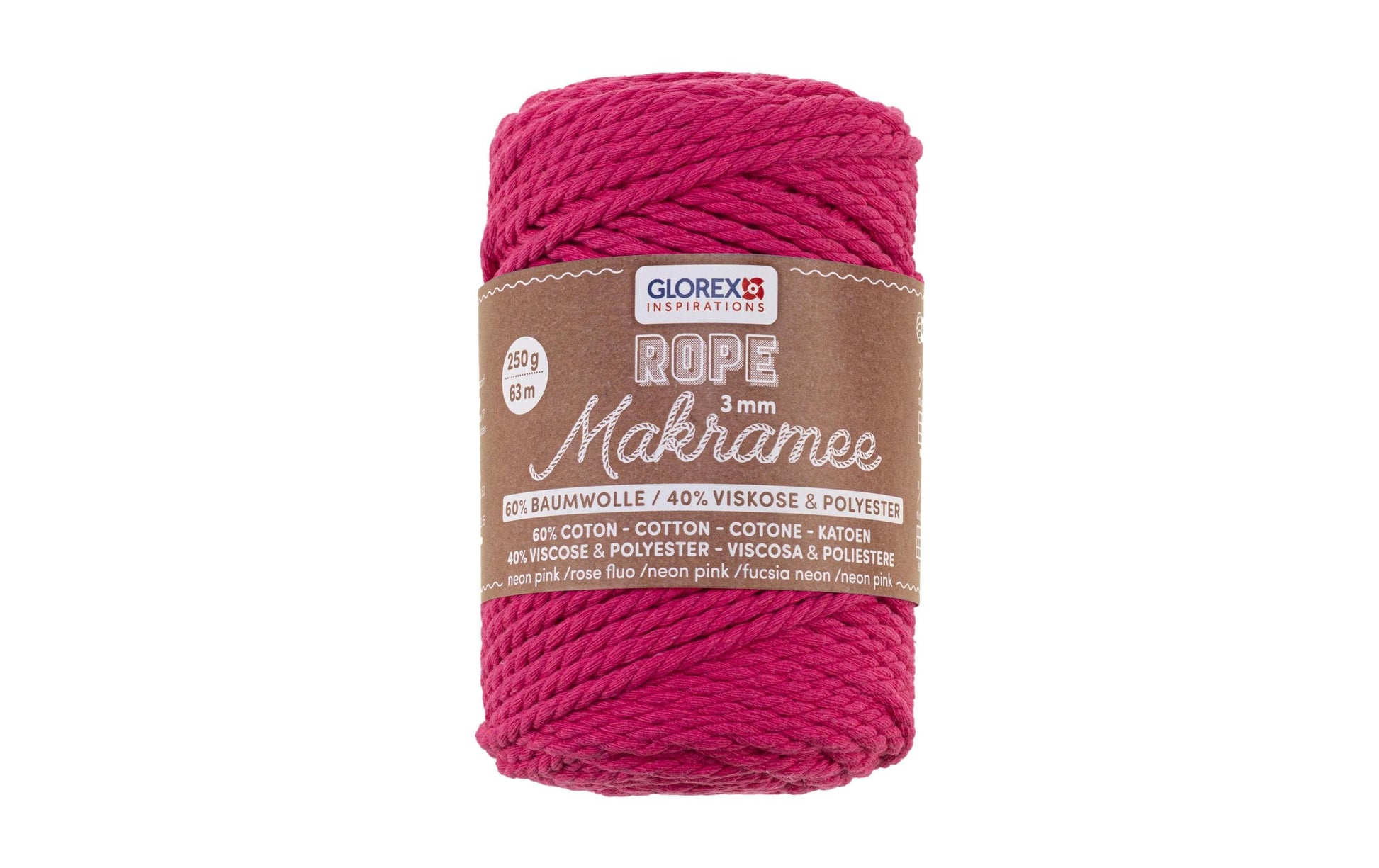 Glorex Gedrehte Makramee-Kordel Pink – Ø 3 mm, 250 g, 63 m, 60% Baumwolle/40% Viskose