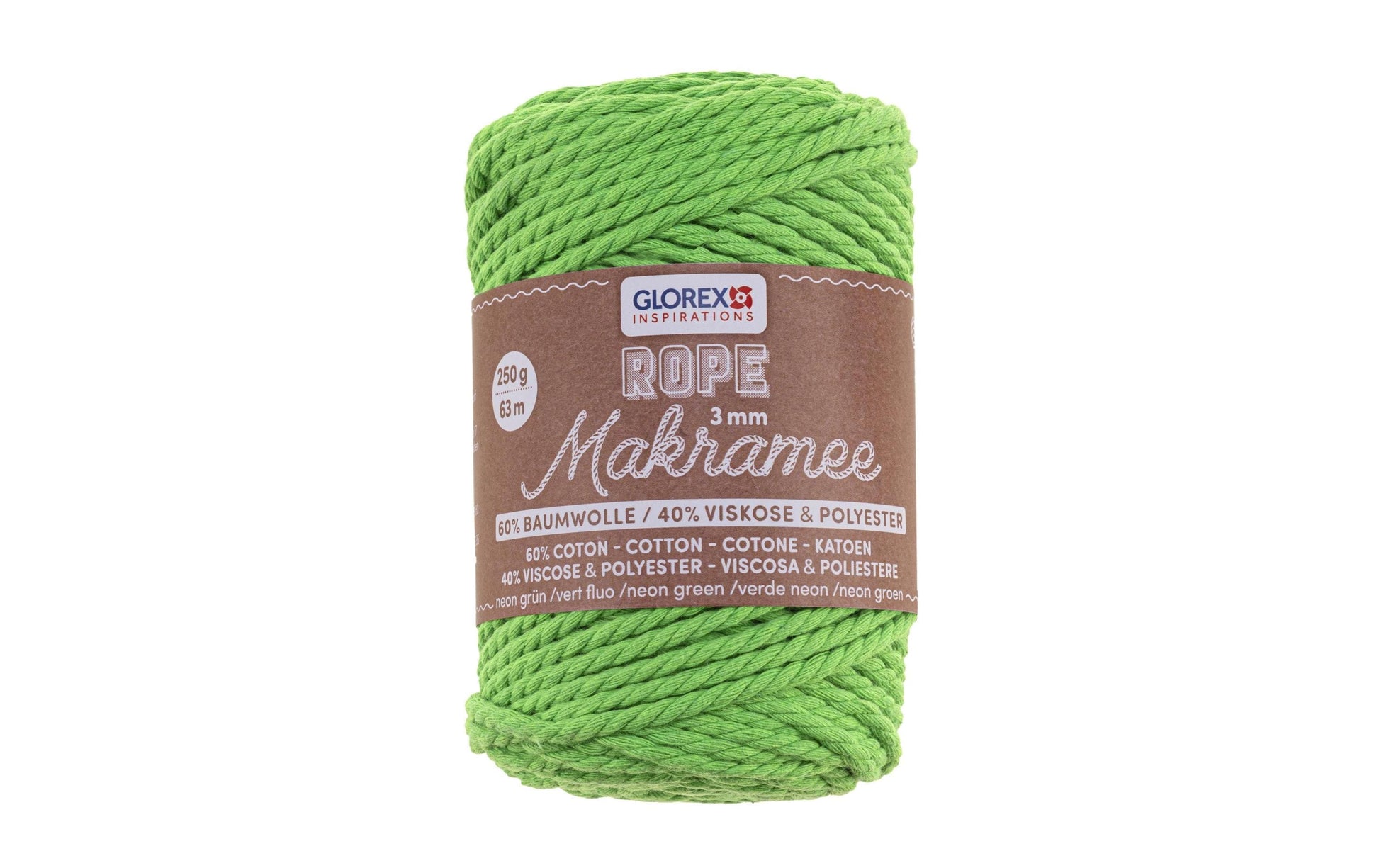 GLOREX Makramee-Kordel Grün – Ø 3 mm, 250 g, 63 m, Baumwolle/Polyester/Viskose