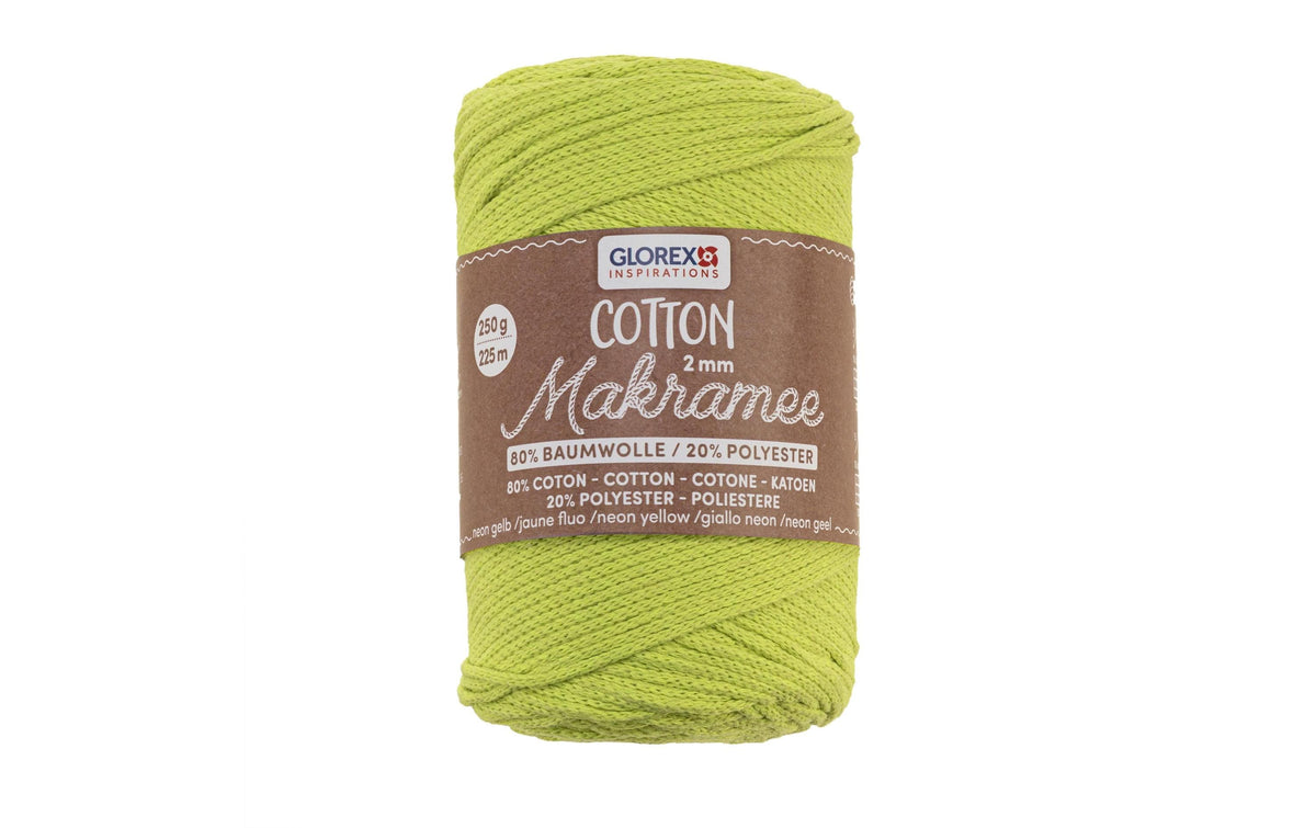 Glorex Makramee Baumwoll-Makramee-Kordel Neongelb – Ø 2 mm, 250 g, 225 m, 80% Baumwolle/20% Viskose