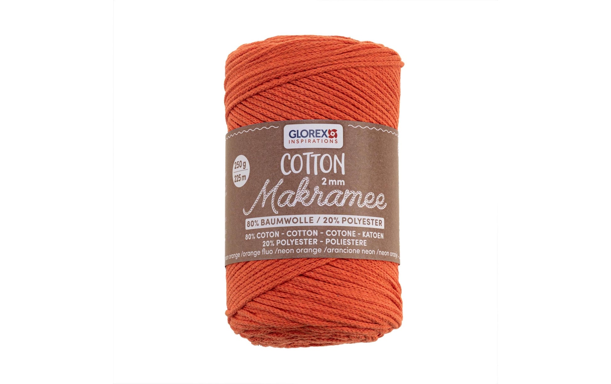 GLOREX Makramee-Kordel Neonorange – Ø 2 mm, 250 g, 225 m, 80% Baumwolle/20% Viskose