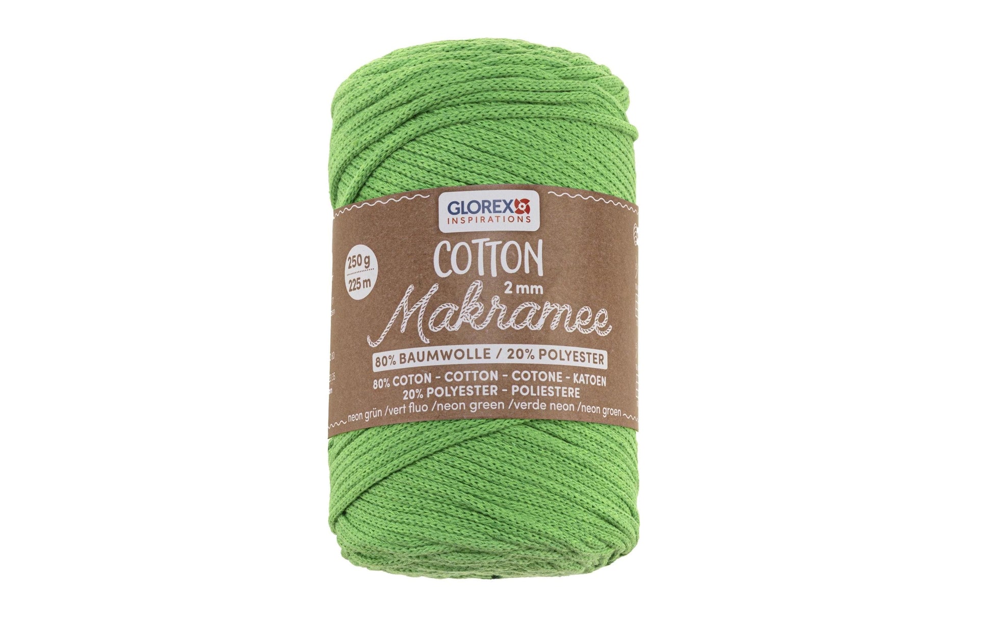 GLOREX Makramee Cotton Makramee-Kordel Neongrün – Ø 2 mm, 250 g, 225 m, 80% Baumwolle/20% Viskose