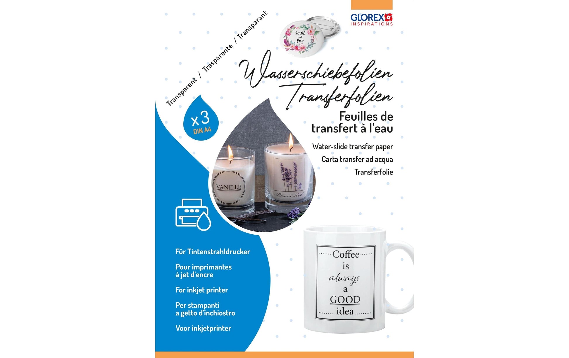 GLOREX Transferfolie (Dekor) – A4, Inkjet, für Glas, Metall, Holz, 3 Blatt