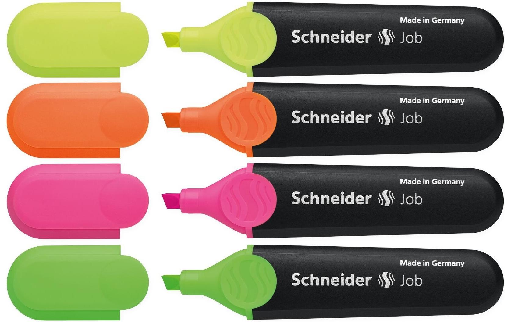 Schneider Schreibgeräte Schneider Job Textmarker – 4er Set, Farben: Grün/Orange/Pink, Keilspitze 1–5 mm, nachfüllbar
