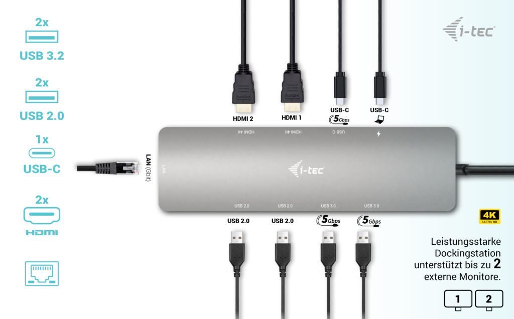 i-tec Metal Nano Dockingstation – USB-C, 2× HDMI, 4× USB-A, 2× USB-C, 100 W PD, GbE, für Windows/Mac/ChromeOS