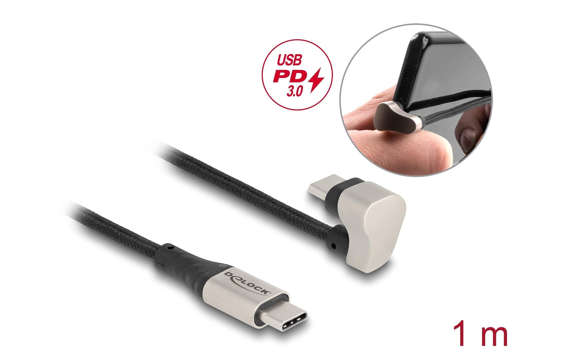 DeLOCK USB-C auf USB-C Kabel – USB 2.0 (480 Mbit/s) – 1 m – PD 60 W – Abgewinkelt, Textilmantel – Schwarz