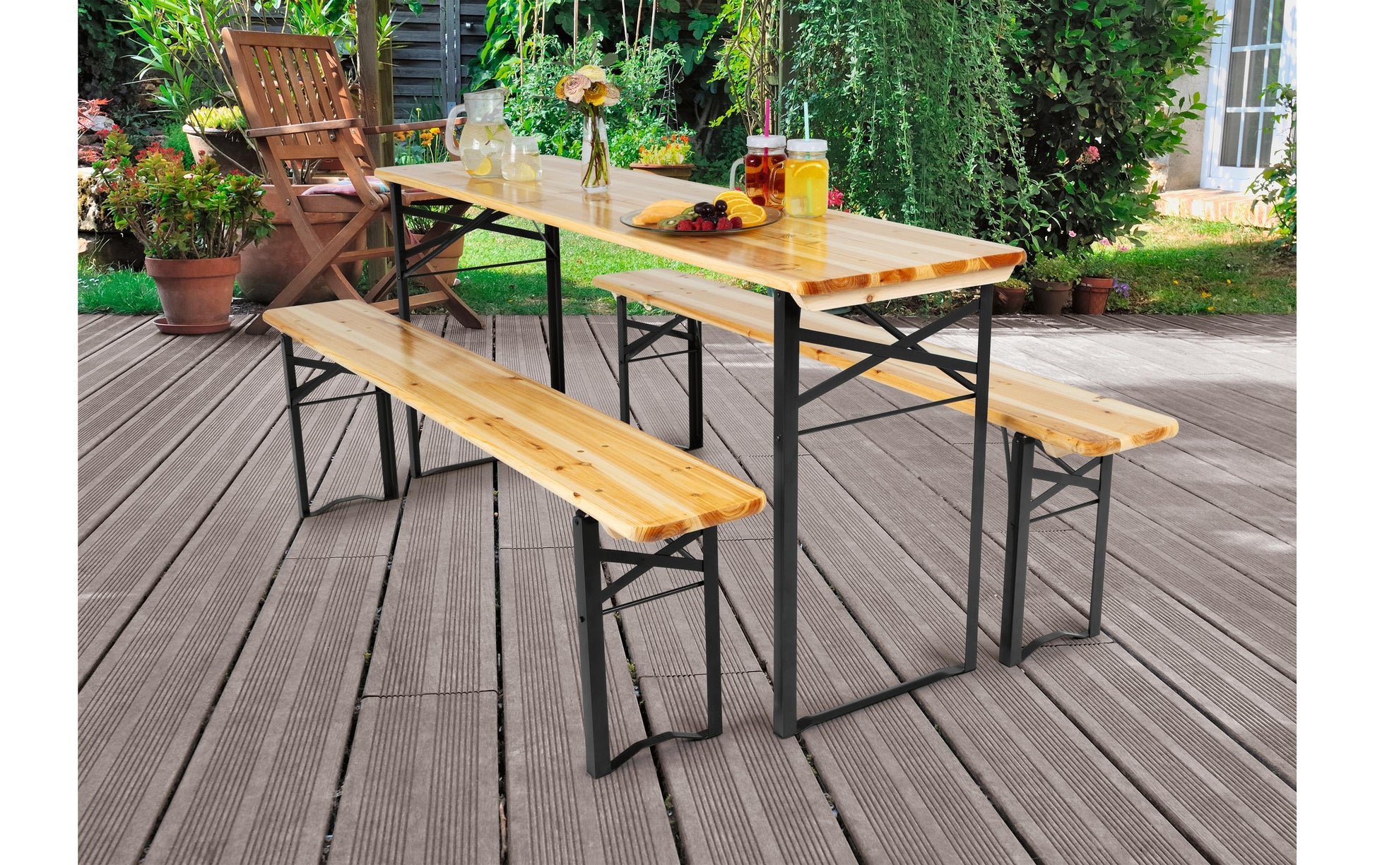 Easymaxx Bistro-Set – Schwarz – Metall, Holz – Tisch 170 × 46 × 75 cm