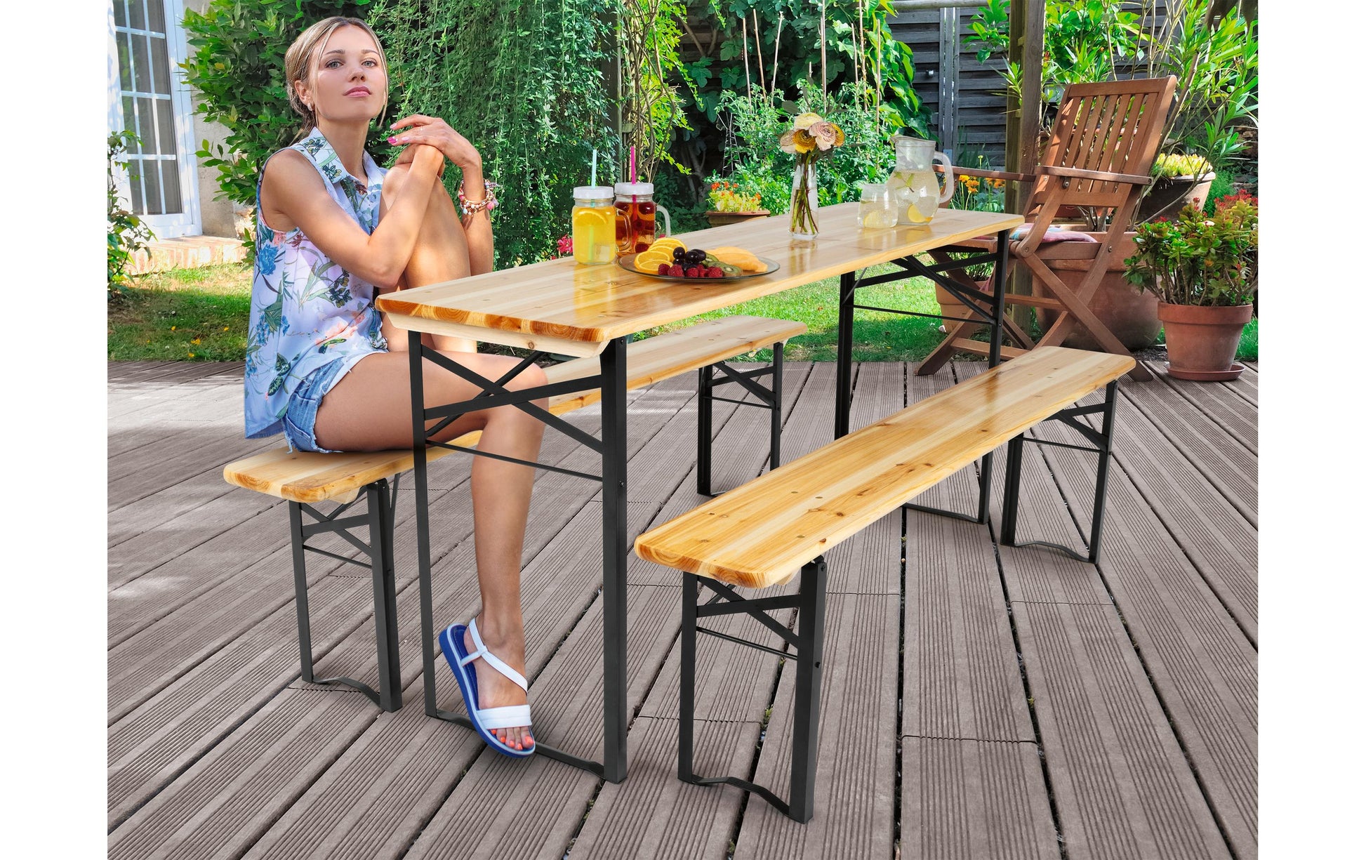 Easymaxx Bistro-Set – Schwarz – Metall, Holz – Tisch 170 × 46 × 75 cm