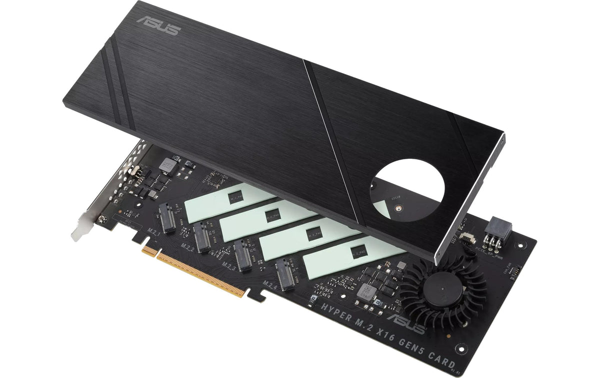ASUS Hyper M.2 x16 Gen5 Karte – 4× M.2, 512 Gbit/s, PCIe 5.0, RAID 0/1/10/5, aktiv gekühlt – Schwarz
