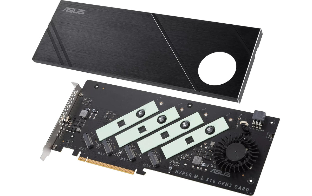 ASUS Hyper M.2 x16 Gen5 Karte – 4× M.2, 512 Gbit/s, PCIe 5.0, RAID 0/1/10/5, aktiv gekühlt – Schwarz