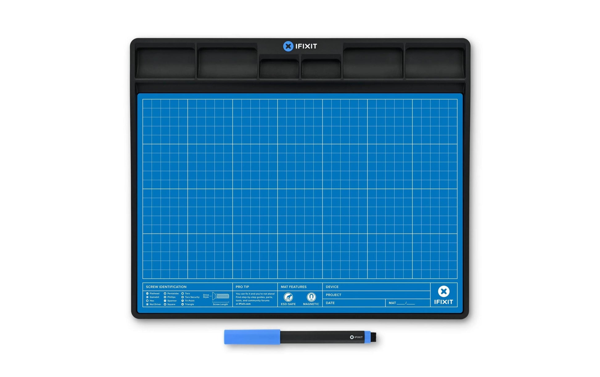 iFixit Magnetmatte – 300 × 250 mm, antistatisch, Bithalter, Stift, schwarz/blau/weiss