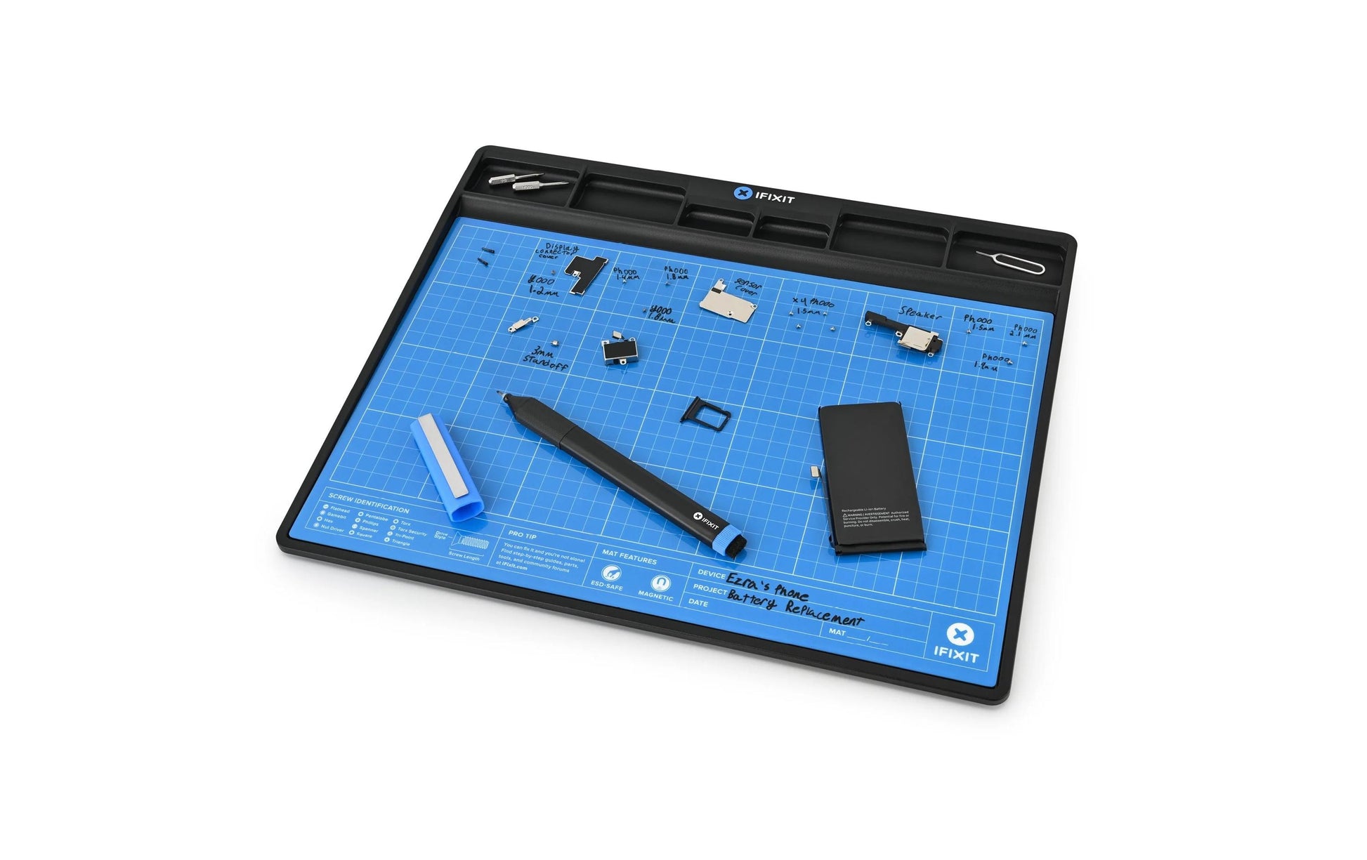 iFixit Magnetmatte – 300 × 250 mm, antistatisch, Bithalter, Stift, schwarz/blau/weiss